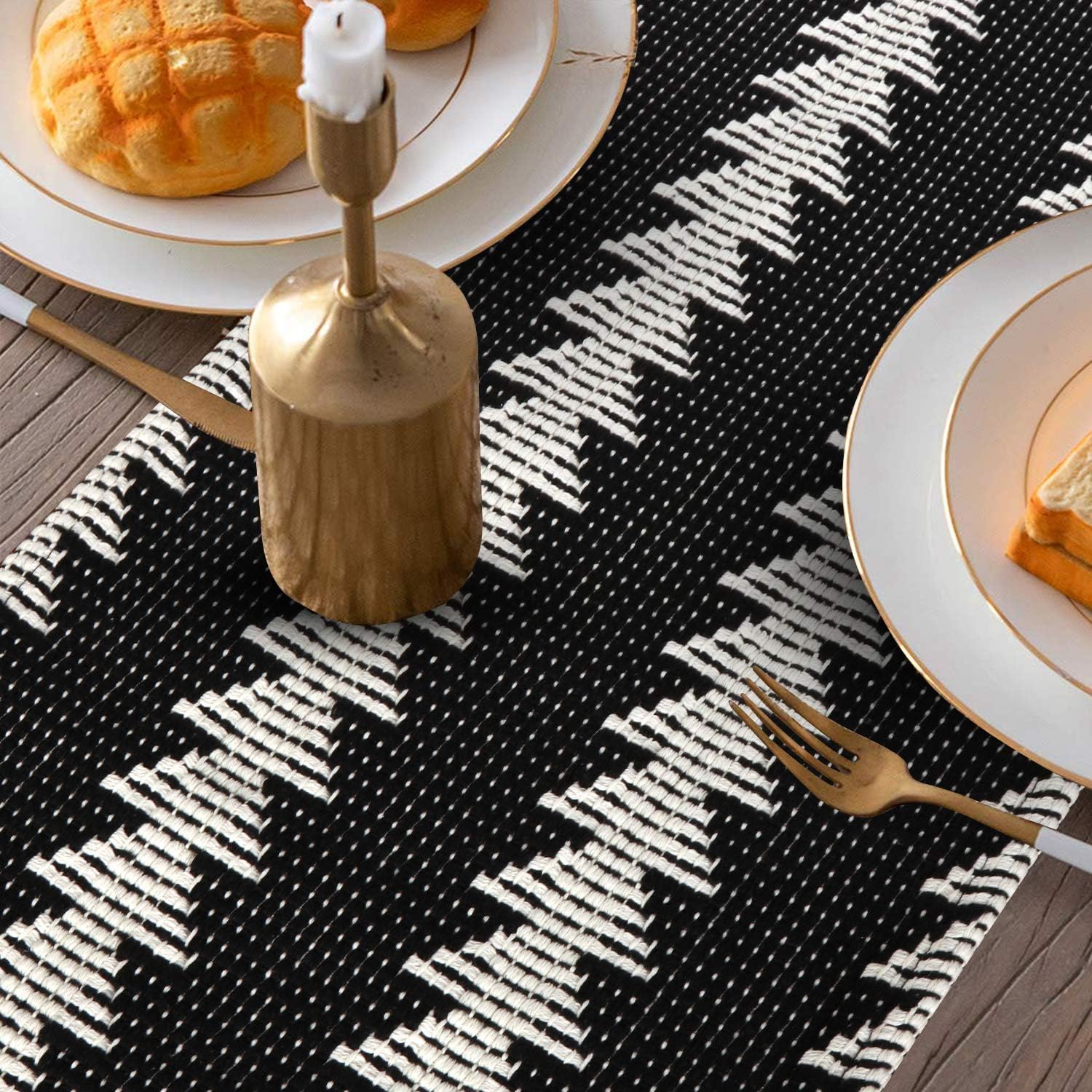 Moroccan Fringe Table Runner 14 in x 87 in, KIMODE Farmhouse Bohemian Geometric Black and White Cotton Handmade Woven Tassels Christmas Dinning Table Linen Machine Washable Home Decorative, Cedar