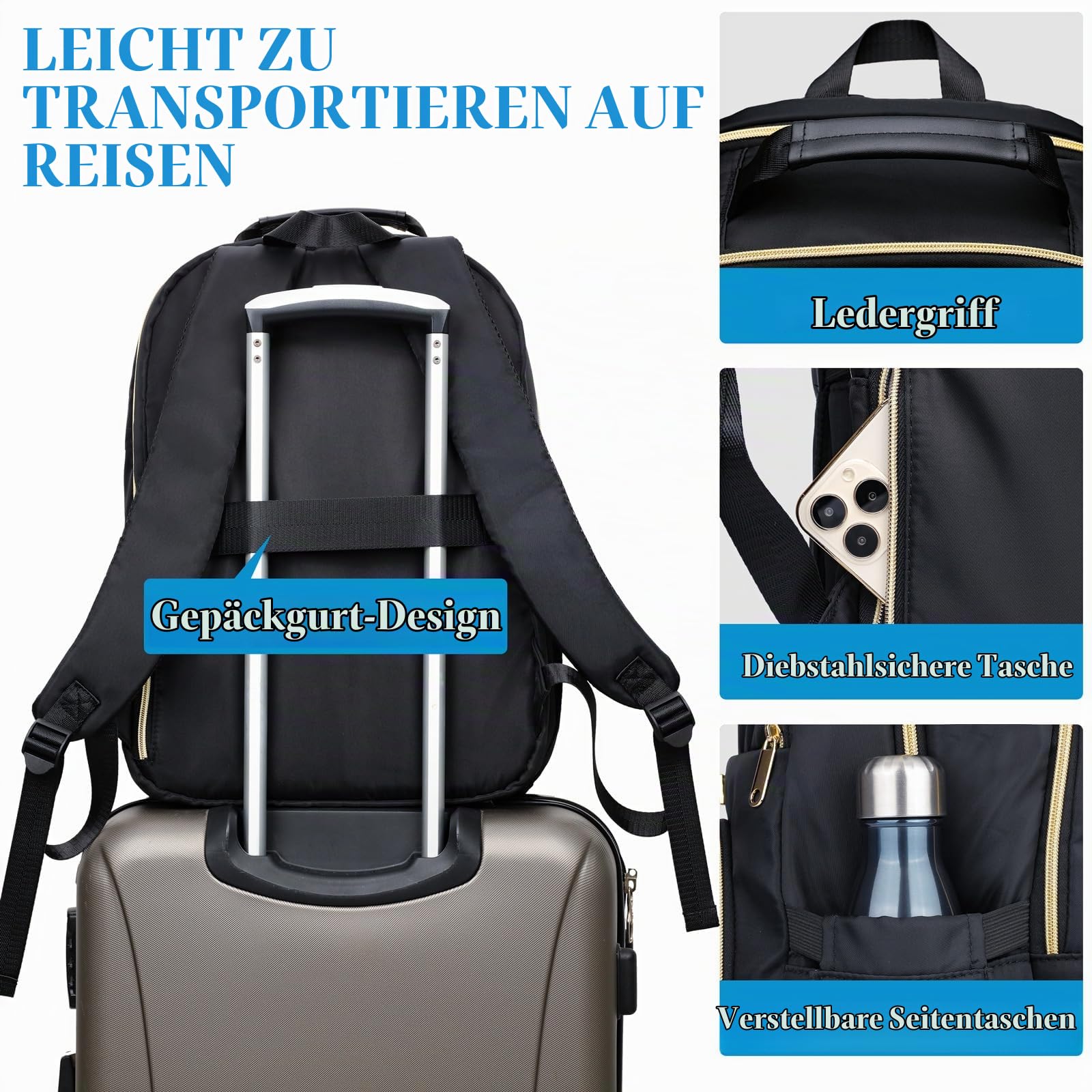 Rucksack Damen Arbeit Rucksack, 17.3 Zoll Schulrucksack Mädchen Teenager | Laptop Rucksack Stylischer Daypack Wasserdichte für Schule, Uni, Reisen, Schwarz