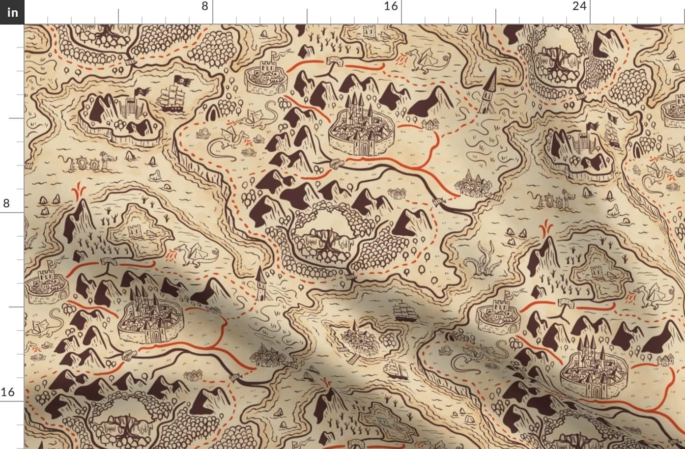 Spoonflower Fabric - Dragon Cartography Fantasy Sepia Map Dragons Adventure Playful Kids Printed on Organic Cotton Sateen Fabric by The Yard - Sewing Quilting Apparel Home Decor