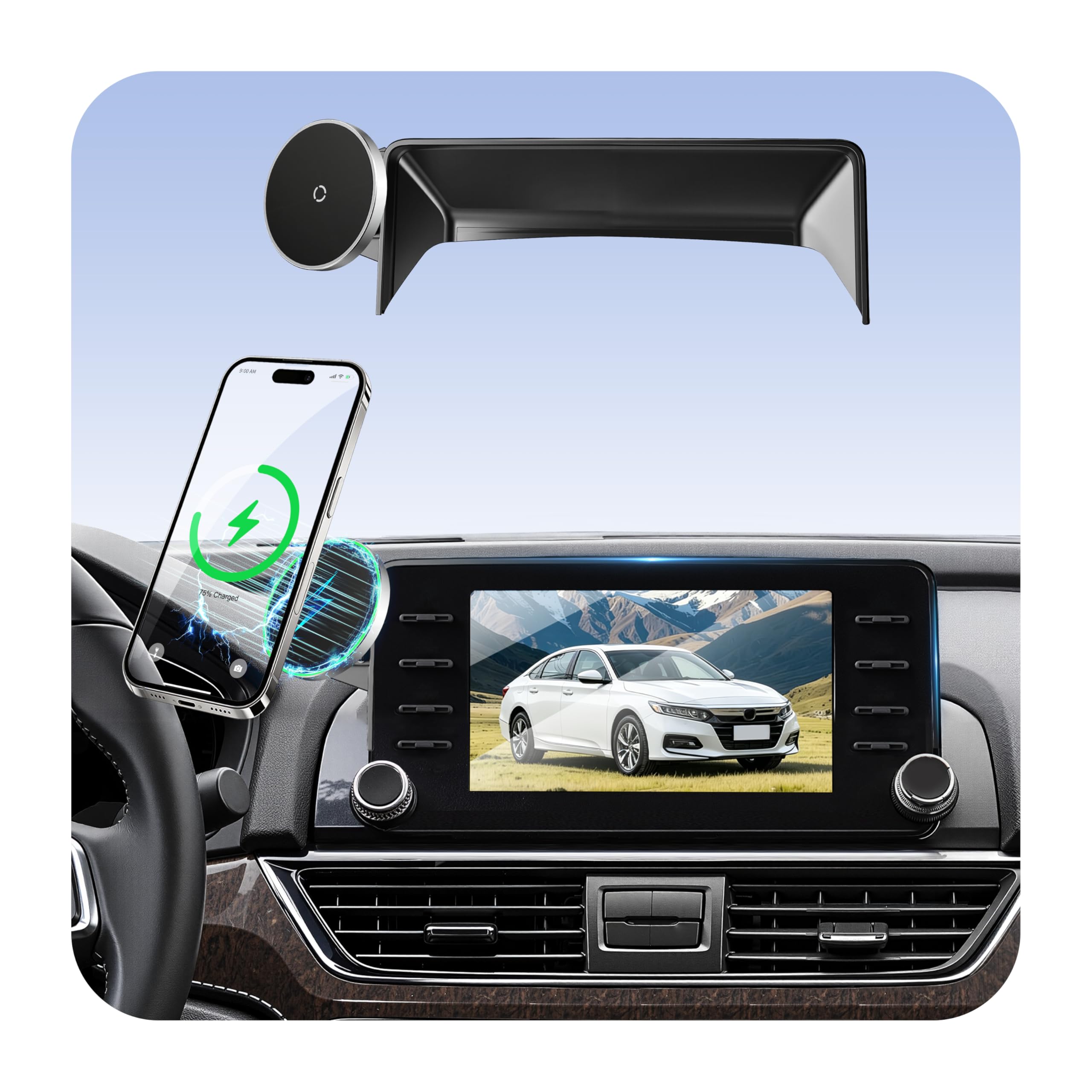 Phone Holder for Honda Accord (2018-2022 10th Gen, ONLY Fits 8" Screen), MagSafe Car Mount Charger, Magnetic Phone Holder, 15W Wireless Charging, 360°, Hands Free, with Storage Box, Car Accessories