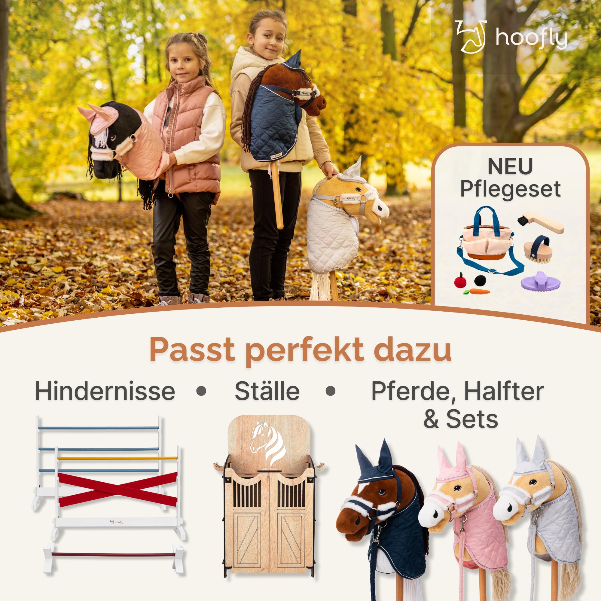 Hobby Horse Set – Großes Steckenpferd für Kinder mit Decke & Fliegenhaube | Komplettes Hobby Horsing Set mit Trense & 35 cm Schraubstab | Braunes Pferd – Blaues Zubehör