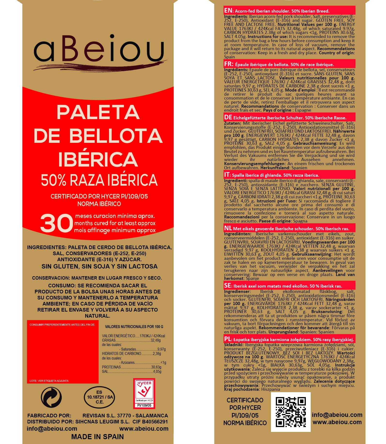 Paleta Ibérica de Bellota Deshuesado Sin Hueso 50% Raza Ibérica 2,5–3 kg — Curación +30 Meses — Cert. Hycer — Guijuelo Salamanca — aBeiou
