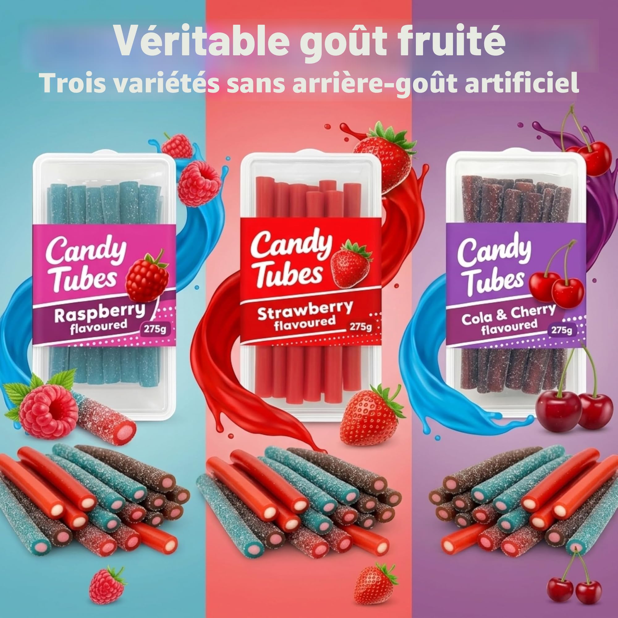 MIJOMA Lot de 3 bâtonnets de gommes aux fruits farcis - Découvrez le kola de cerise, la fraise et la framboise - Parfait pour profiter et offrir - 3 x 275 g
