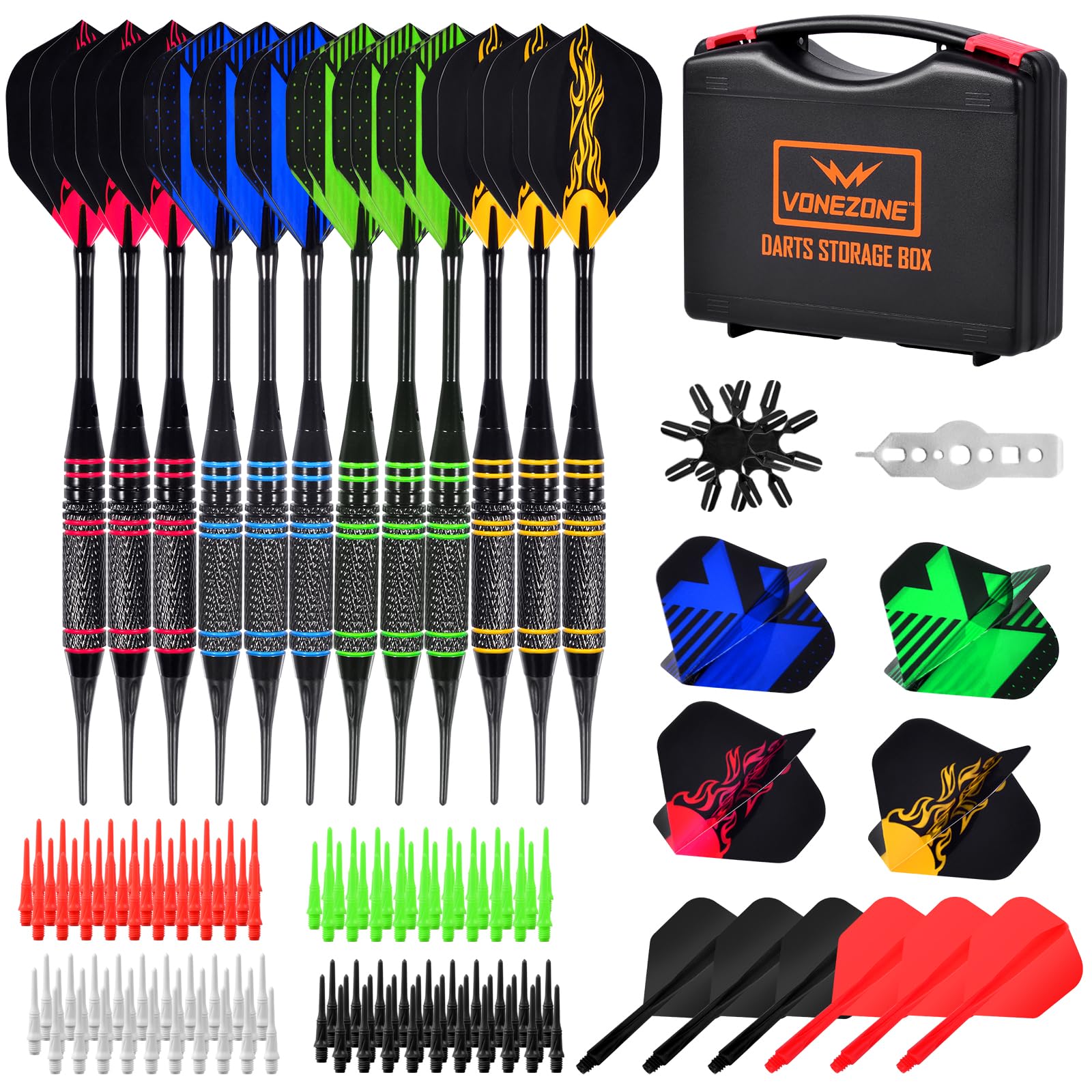 vonezone Darts Plastic Soft Tip, Professional Dart Set, 12Pcs 18Gram with 120 Extra Tips, 6 One-Piece Dart Wings, Flight Protector, Tool Wrench, Storage Case, Darts Set for Electronic Dartboard