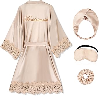 EPLAZA Bride Robe for Wedding Day Bridal Robe Lace Trim Silky Satin Kimono