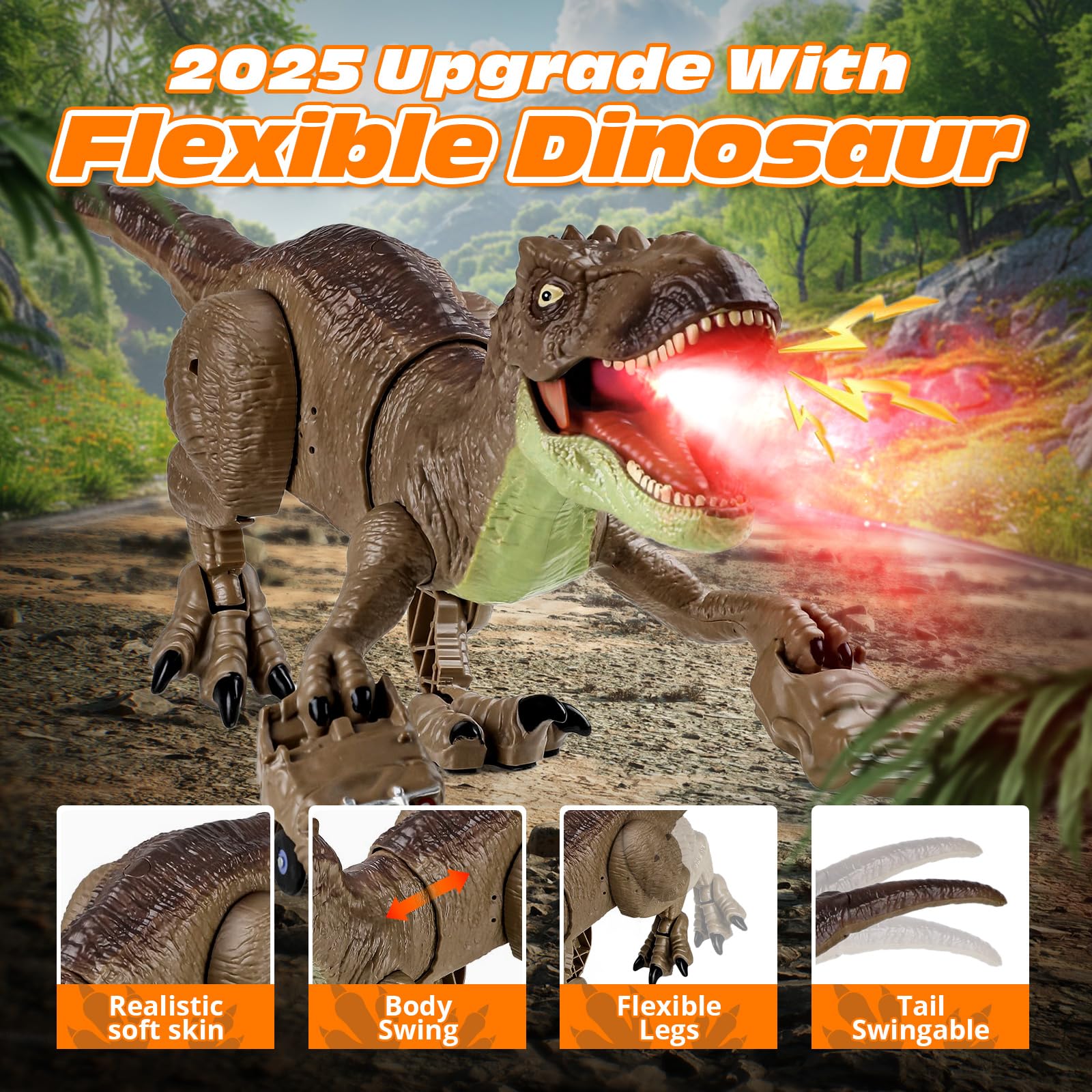 Tecnock 2025 Dinosaure Télécommandé Rechargeable pour Enfants, Robot T-Rex avec Lumières, Sons, Pulvérisation, Marche Réaliste, Télécommande 2.4GHz, 60 Min de Jeu, Cadeau Garçon Fille 3+ Ans