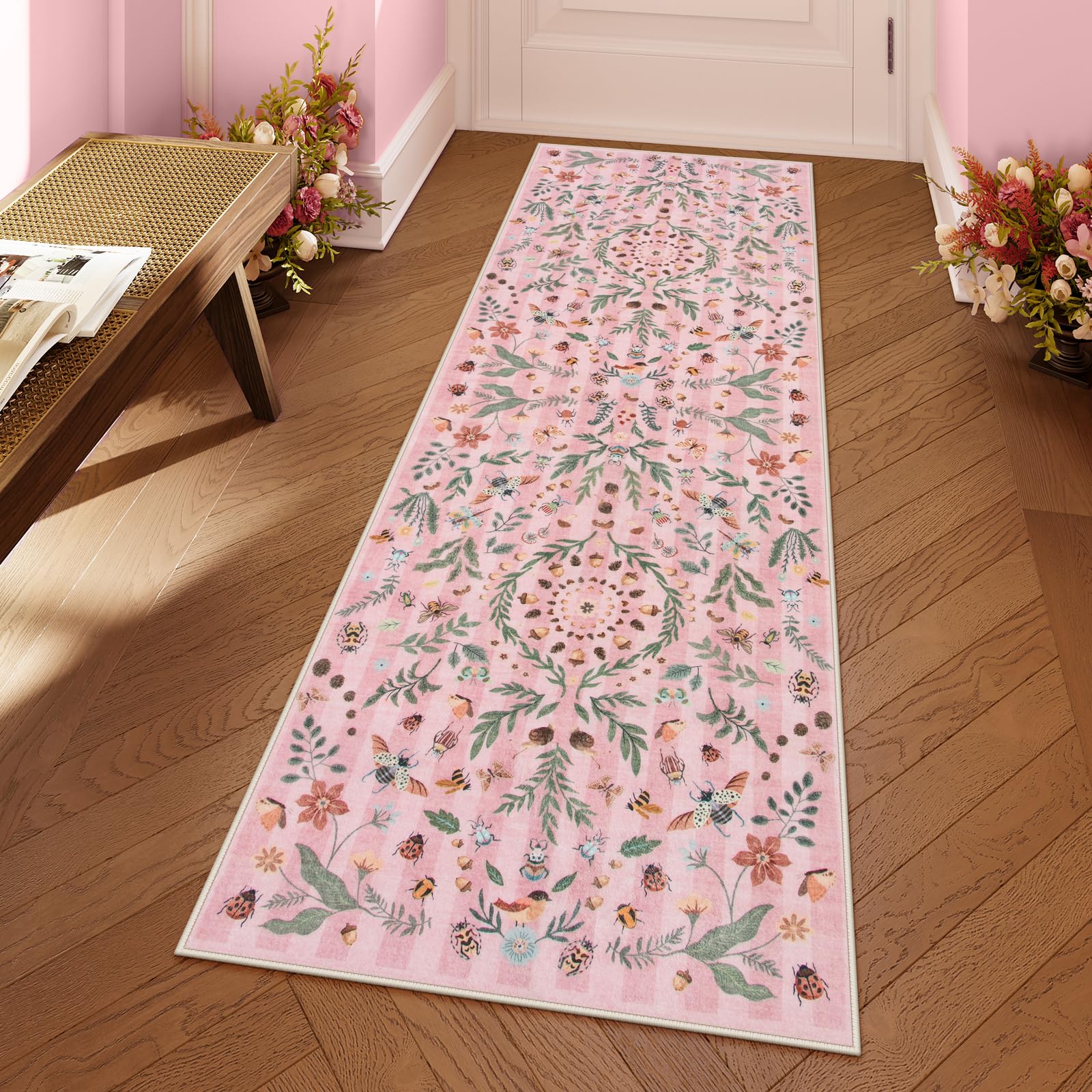 Lahome Insect Botanical Floral 2x6 Pink Bathroom Runner Rugs Non Slip Washable,Boho Soft Runners for Hallways,Indoor Carpet Runner with Rubber Backing