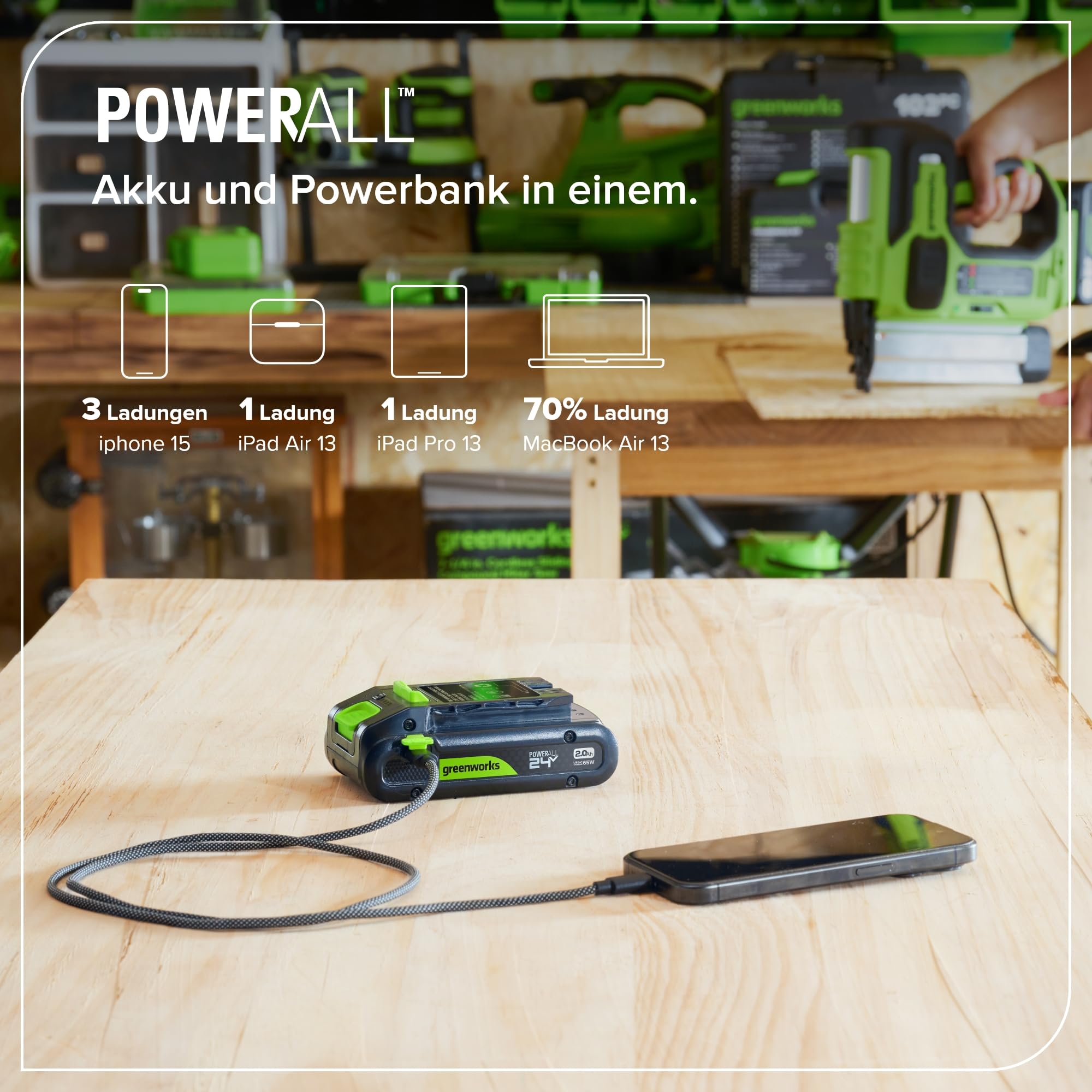 Greenworks TwinPack 24V 2Ah Akku High Power USB-C (Li-Ion 24V 2,0 Ah wiederaufladbarer leistungsstarker Akku passend für alle 200+ Greenworks 24V Geräte), 2 Jahre Garantie - K2D4NNA