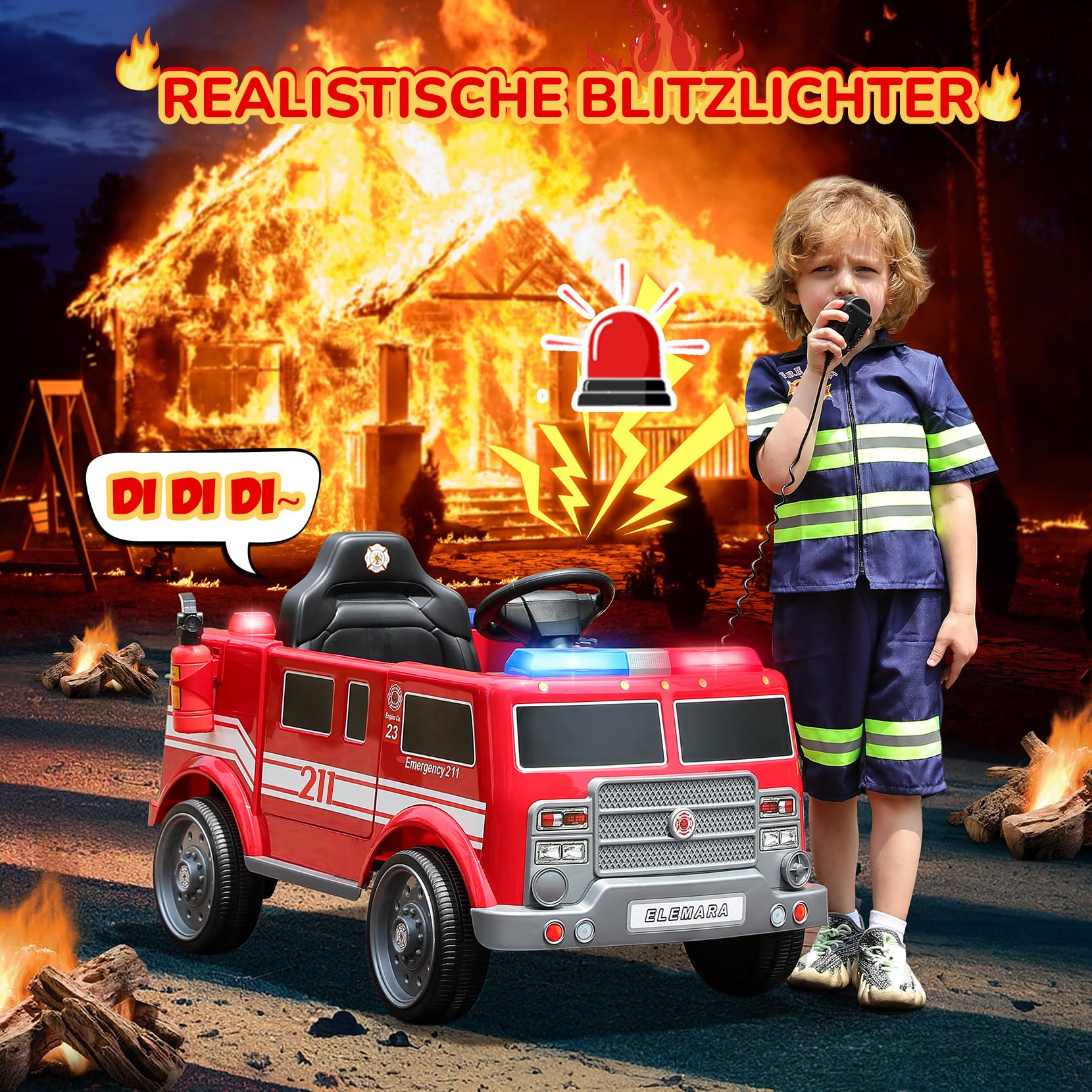 ELEMARA 12V Elektro Feuerwehrauto für Kinder,Elektroautos für Kinder im Alter von 3-6 Jahren,Elektrische Kinderautos mit Fernbedienung,batteriebetriebenes Kinderfahrzeug, mit Sirene, Walkie-Talkies