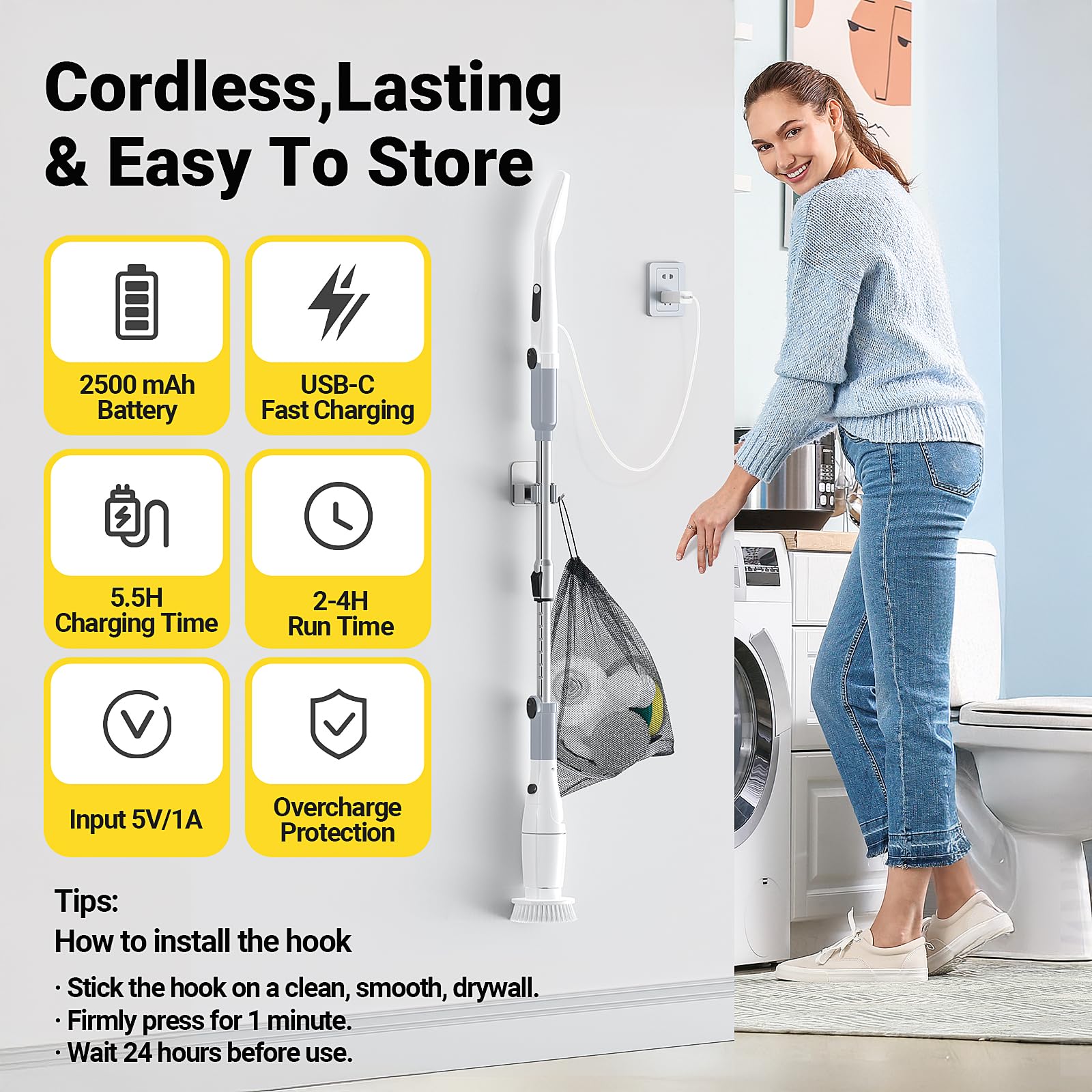 Brosse de nettoyage électrique sans fil jusqu'à 550 tr/min avec 9 têtes de brosse remplaçables, poignée d'extension réglable pour nettoyer la salle de bain, la cuisine (gris)