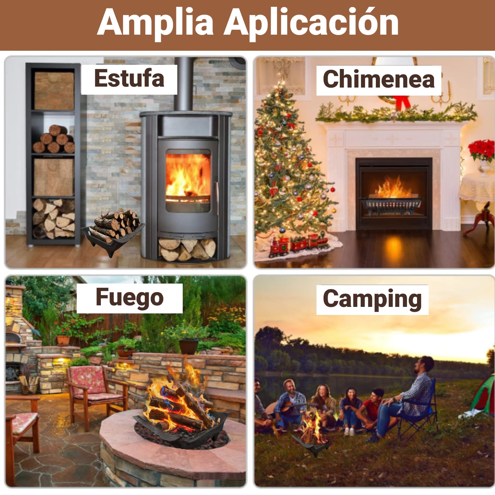 Amagabeli Rejilla de chimenea Leña Soporte de troncos a toda prueba Hierro Interior Rejilla de fuego Al aire libre Estufa de leña Soporte Soporte Negro