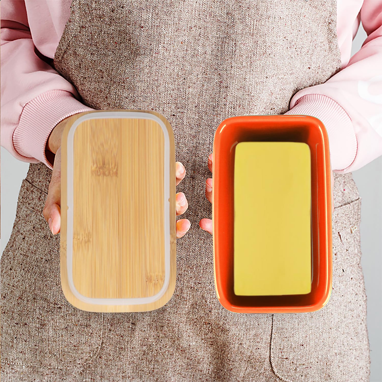 Beurrier en céramique avec couvercle en bois, grand récipient de stockage avec couteau à beurre en acier inoxydable, couvercle en bambou et anneau d'étanchéité en silicone pour beurre de la