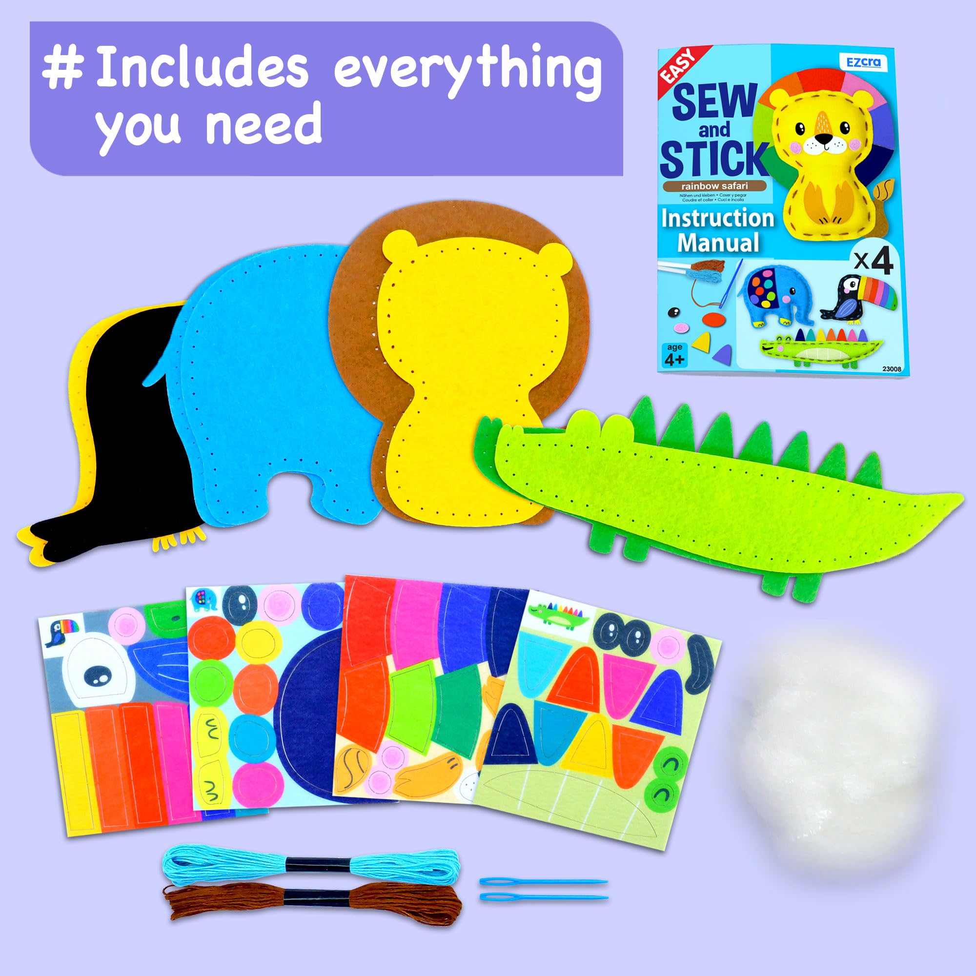 EZCRA Sewing Kit for Kids Ages 4-8, 8 Safari Animal Felt Craft Projects, No-Mess Beginner Stitching Kit with Stickers & Tools - Image 3