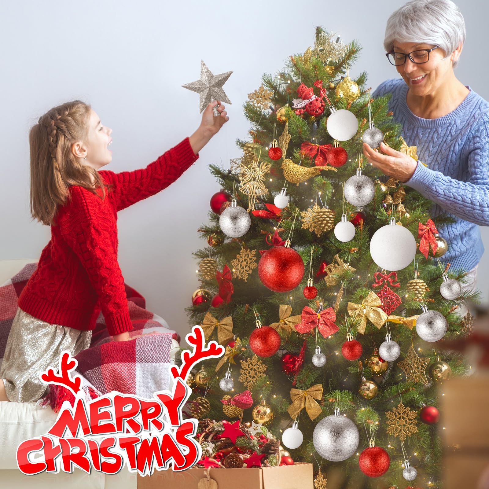 Outus Lot de 61 boules décoratives à paillettes incassables à suspendre pour sapin de Noël - 2,5 cm, 4,9 cm, 6,9 cm, 8 cm et étoile de sapin de Noël de 15,2 cm (rouge, blanc, argent)