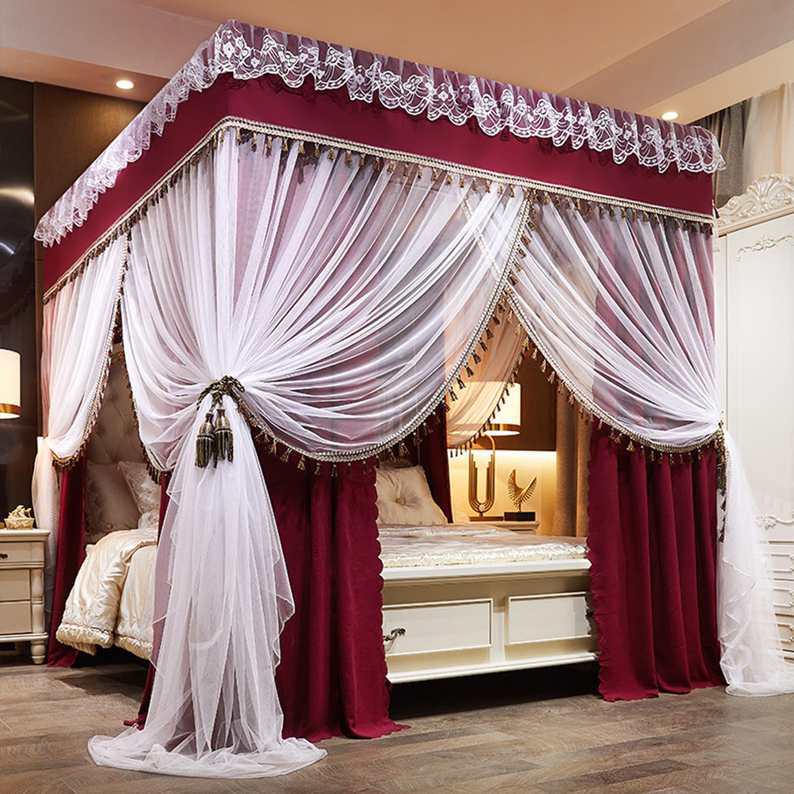 Peakjune Red Double Layer Cozy Mosquito Net,Princesses Bed Curtains Canopy,Beds Canopy Canopys Bed Curtains,Four Corners Posts Canopys Bedes Curtain,Blackout Kingsize Beds Canopyes