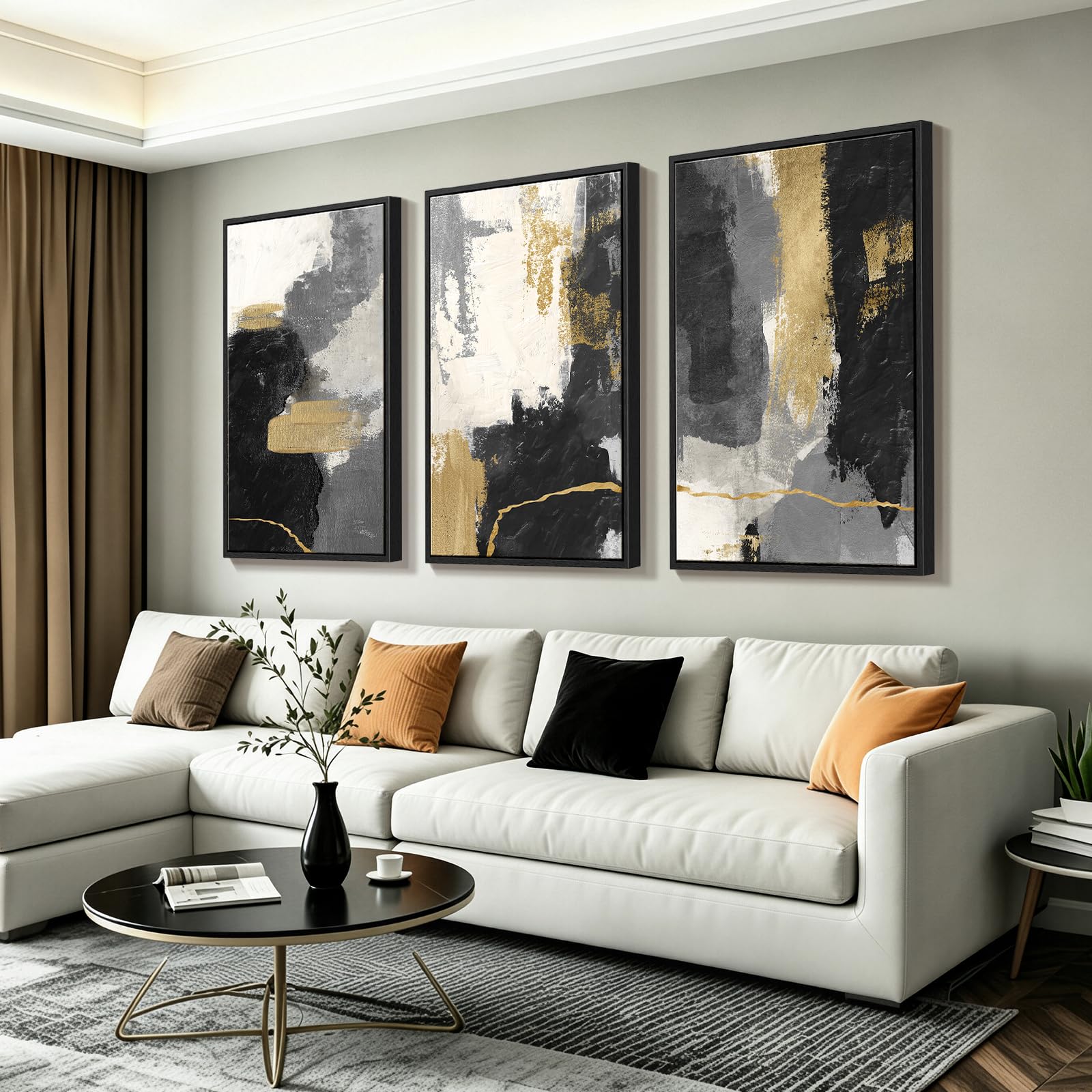 Abstract Brushstroke Wall Art, Set of 3 - Black & Gold