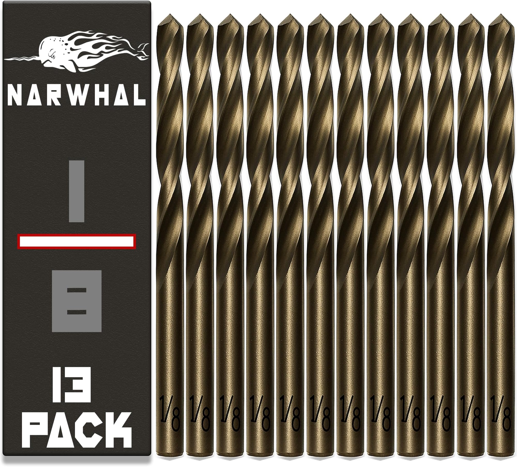 Narwhal 1/8 Inch Cobalt Drill Bits (13 Pack - Industrial Grade M35 Cobalt) 2.55" Length & 135 Degree Split Point for Drilling Into Metal, Hardened & Stainless Steel, Cast Iron, & More!