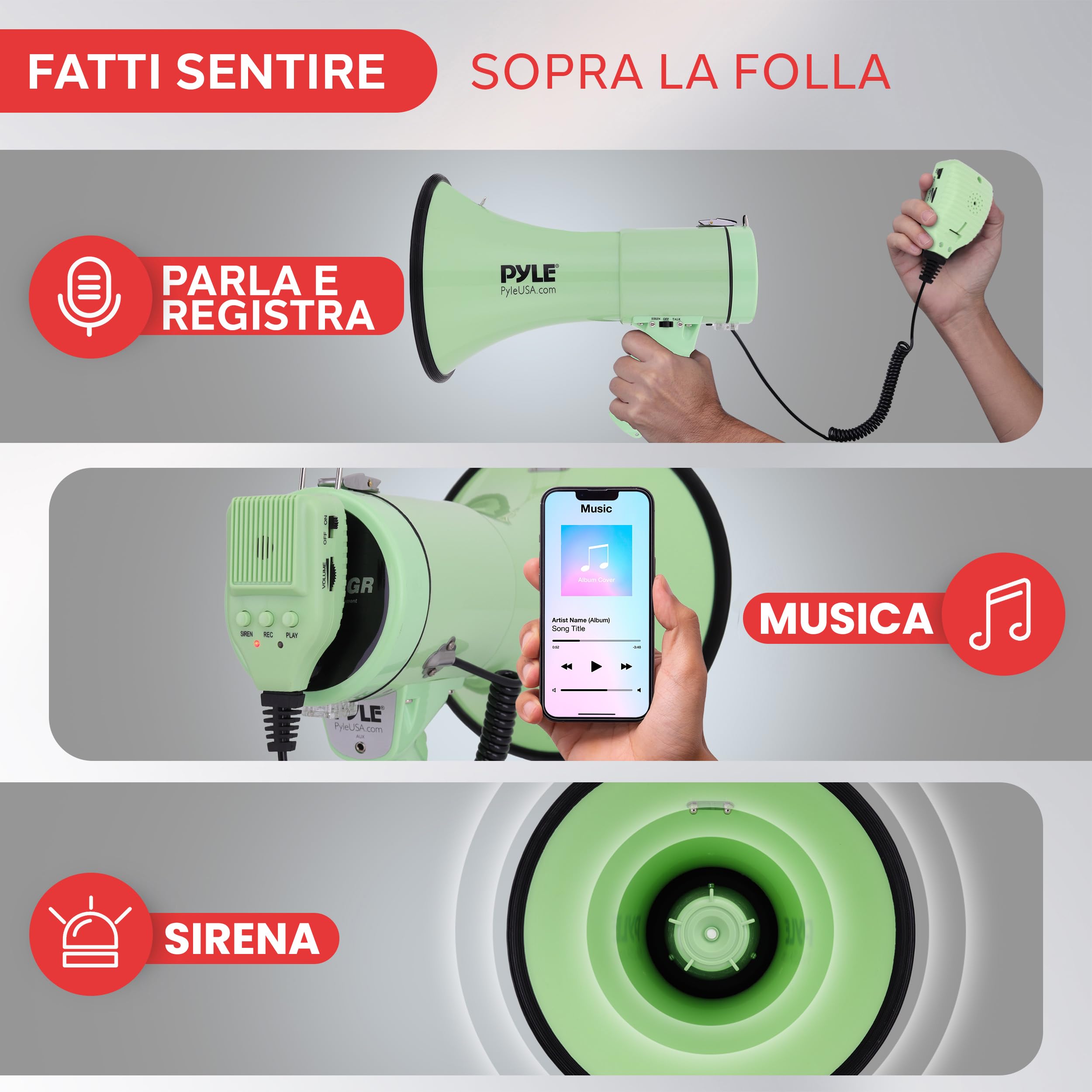 Pyle Megafono Portatile 50 Watt, Sirena Automatica, Megafono Volume Regolabile, Portata Fino a 1100 m², Ingresso Aux, Voce, Sirena, Musica, Fischio, Registrazione, Tracolla