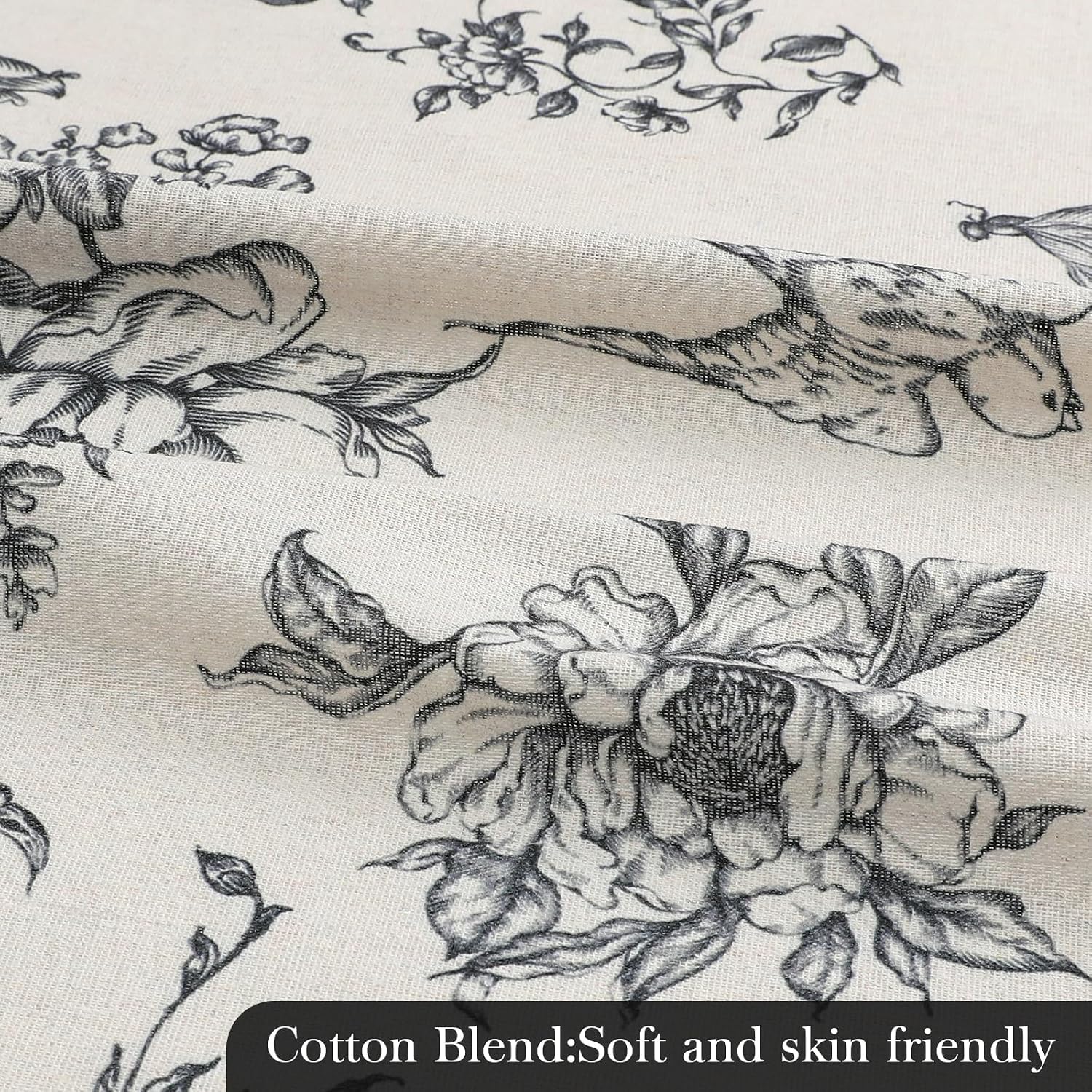 MitoVilla Black Farmhouse Shower Curtain Set, Cotton Floral Swallow Cottagecore Shower Curtains for Bathroom, Modern French Country Burrerfly Flower Bathroom Décor, 72" W x 72" L