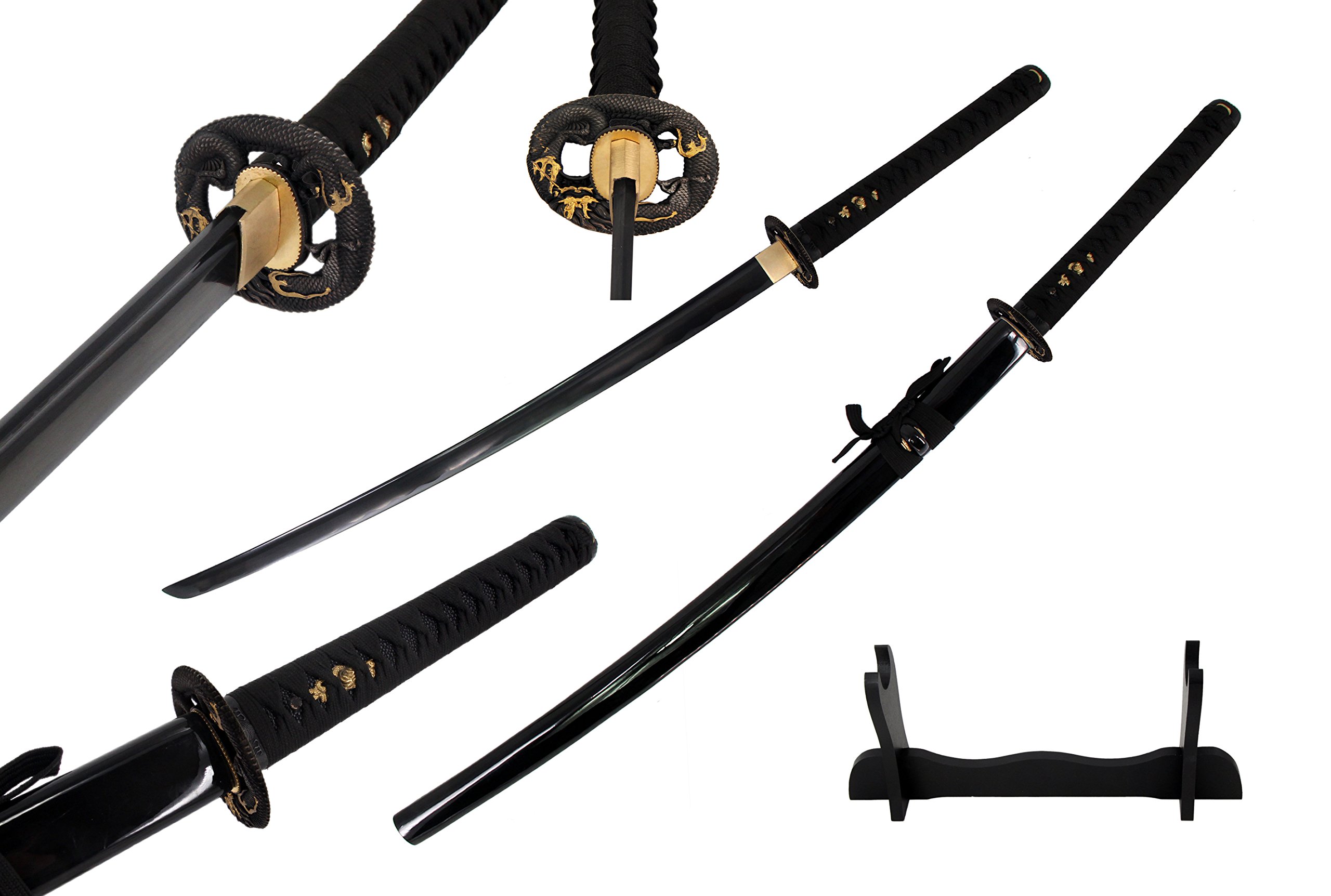 Japanese Black Blade Sacred Handmade Sharp Katana Samurai Sword with Wood Sword Stand and Scabbard