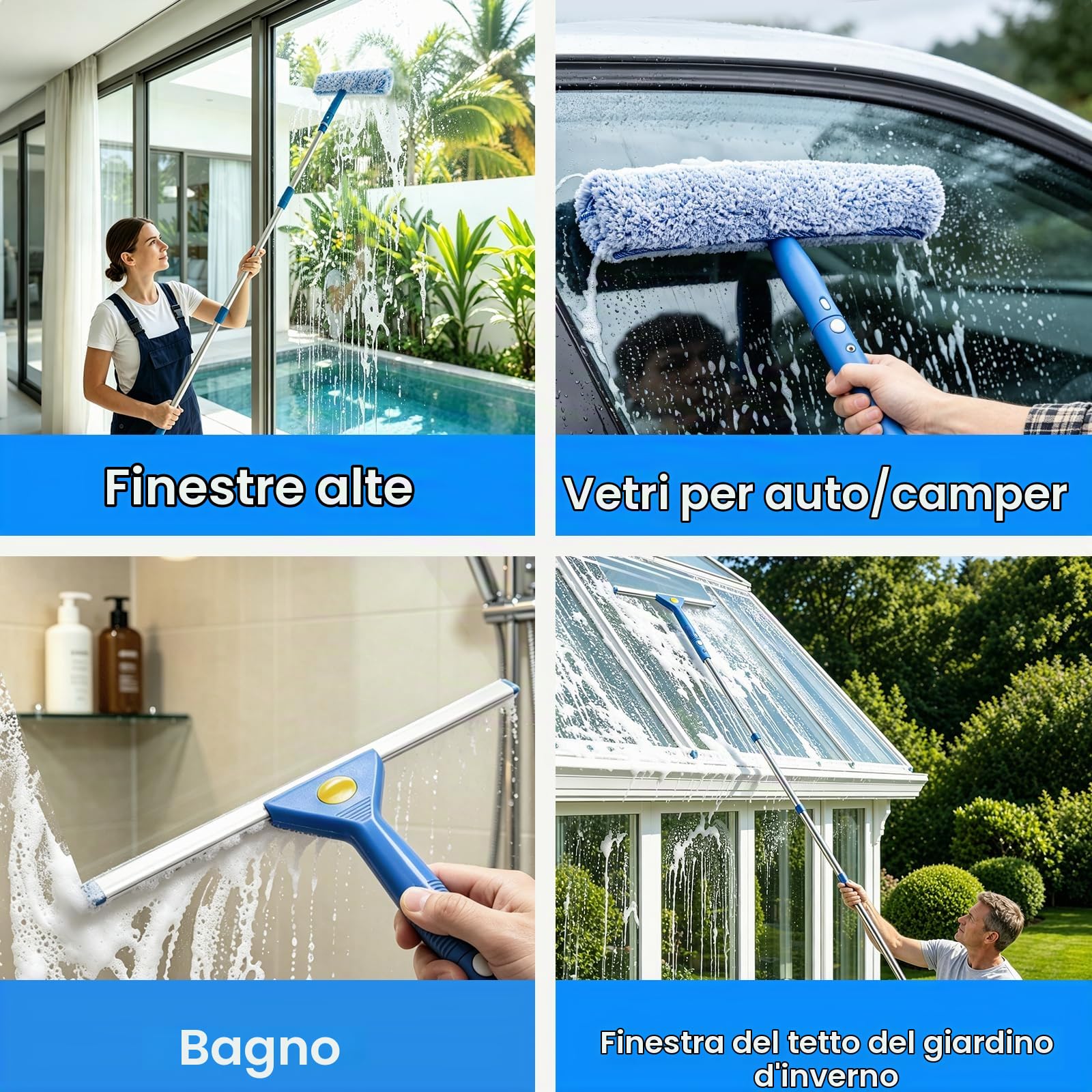 ddLUCK Pulizia Vetri Kit, Professionale Pulisci Vetri con Secchio | Manico Lungo Lavavetri Telescopico 2M, Tergivetro Silicone, Spugna Microfibra, Flacone Spray, Panno, Con Auto Finestre Alte