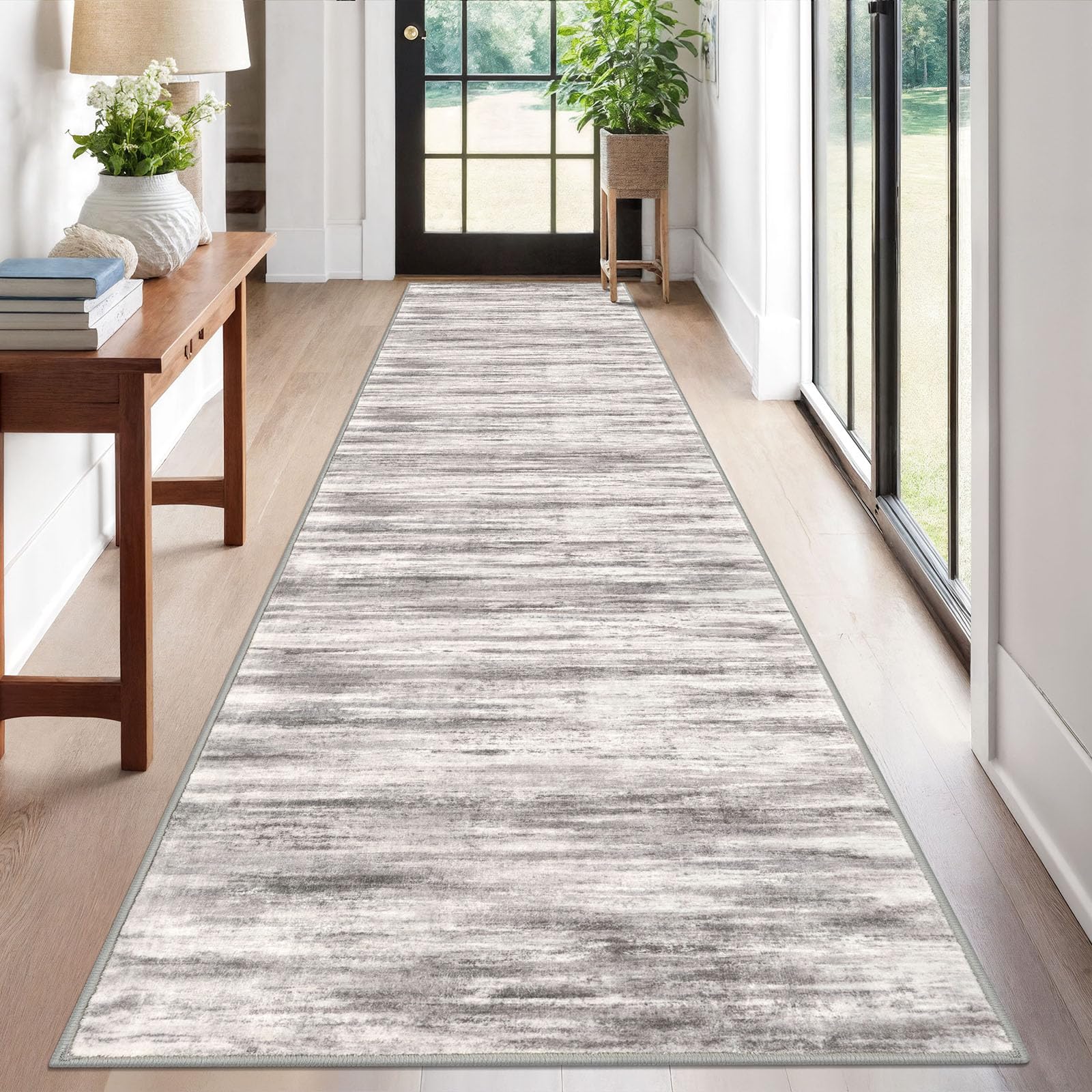 KOZYFLY Modern Abstract Washable Rug Runner 2.6x12 Hallway Rug Runner Non-Slip Soft Kitchen Runner Rugs, Grey-Beige Striped Carpet for Entryway Bathroom Laundry Room Foyer — image 1