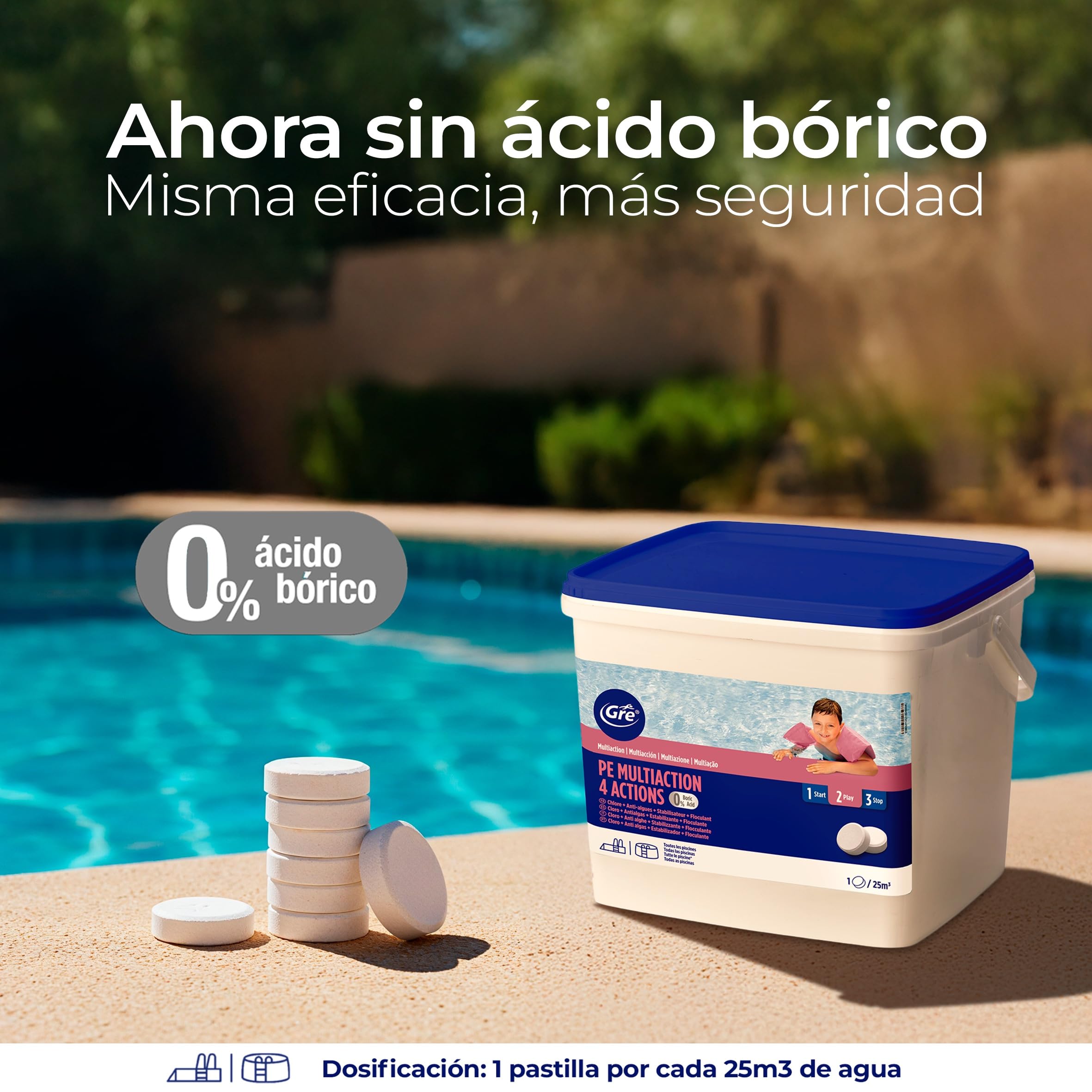GRE 76006NB -Tabletas de Cloro Multifunción 4 Acciones: Desinfección, Antialgas, Floculante y Estabilizador. Tratamiento y Limpieza Integral de Piscinas. Tabletas 250 gr, 5 kg
