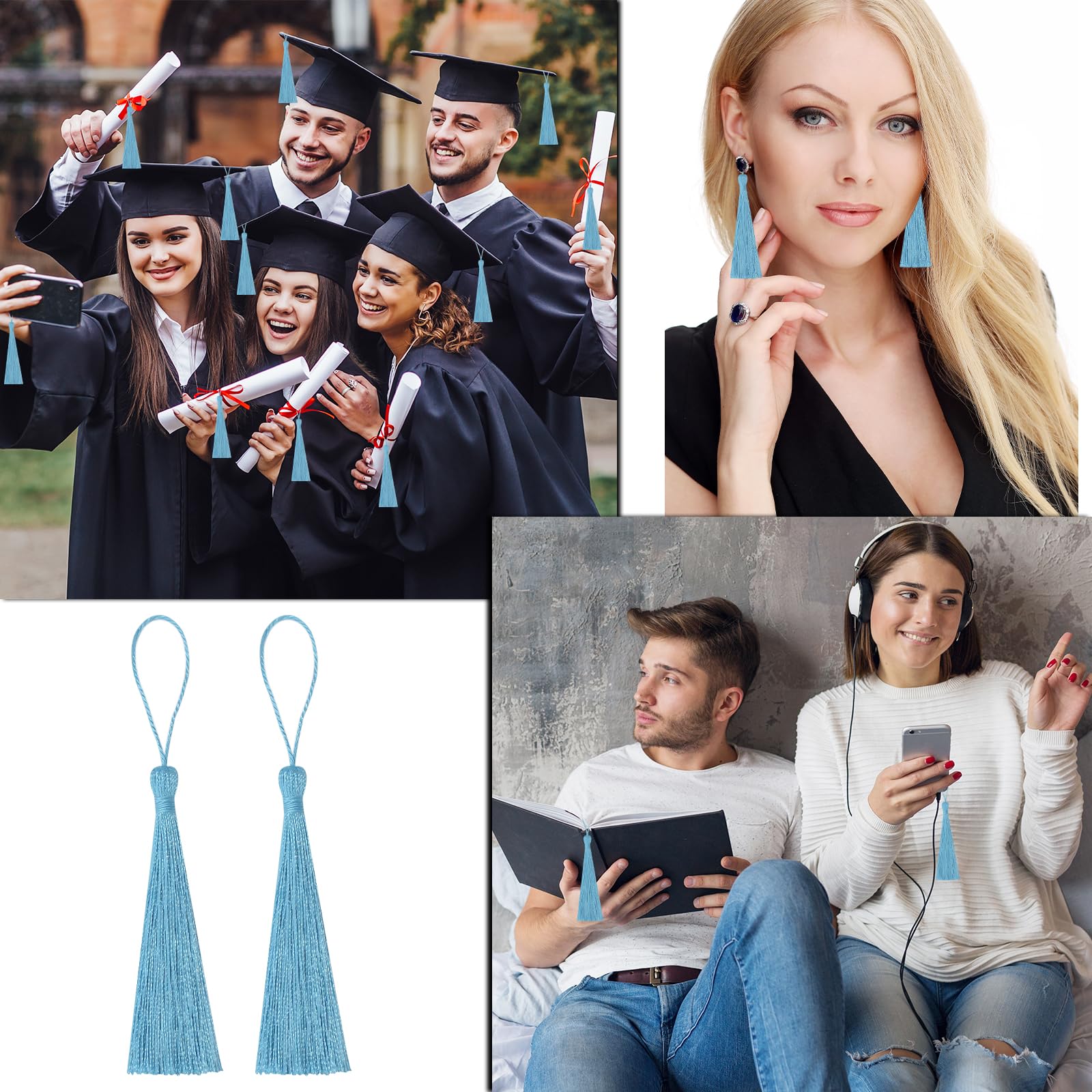 Handmade Graduation Bookmark Tassel Craft: 100pcs 5 Inches Silky Floss Soft Book Mark Tassels with Loops for DIY, Jewelry Making,Bookmarks,Souvenir, Graduation Tassel (Blue)