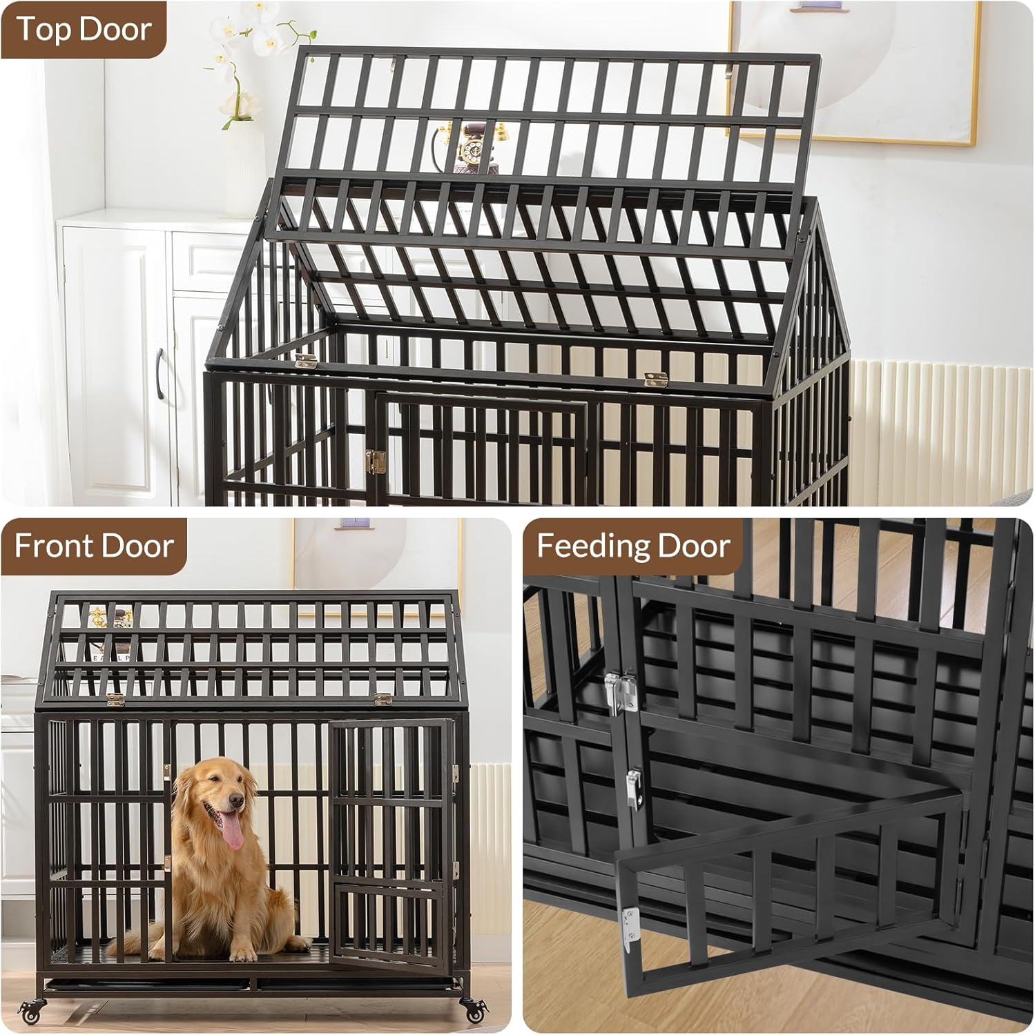 Rovibek 48 Inch Heavy Duty Dog Crate for Large Dogs, Indestructible Dog Crates with 2 Removable Trays, High Anxiety Dog Cage, Dog Kennel Indoor Outdoor with Lockable Wheels, Escape Proof