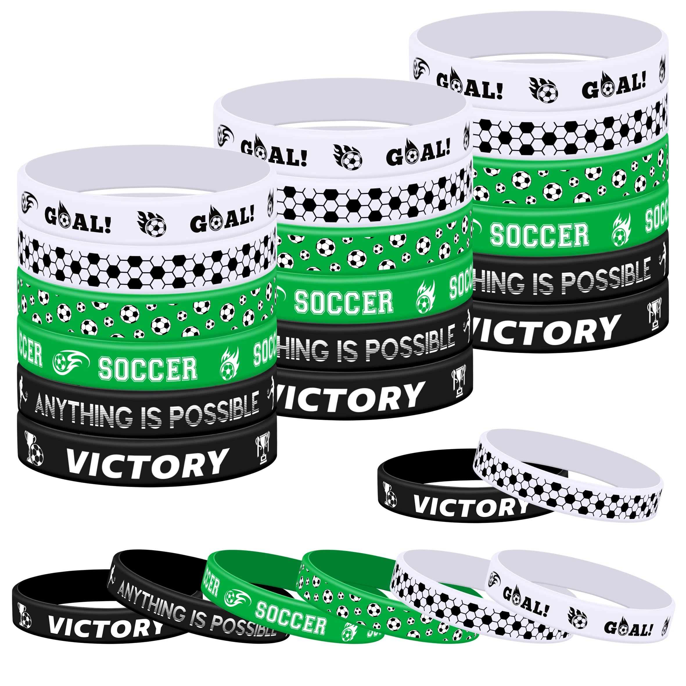 Lesnala 48 Pcs Soccer silicone bracelets Green Black White Motivational rubber wristband for Theme Birthday Party Favors Supplies Sport Events School Prizes 6 Designs
