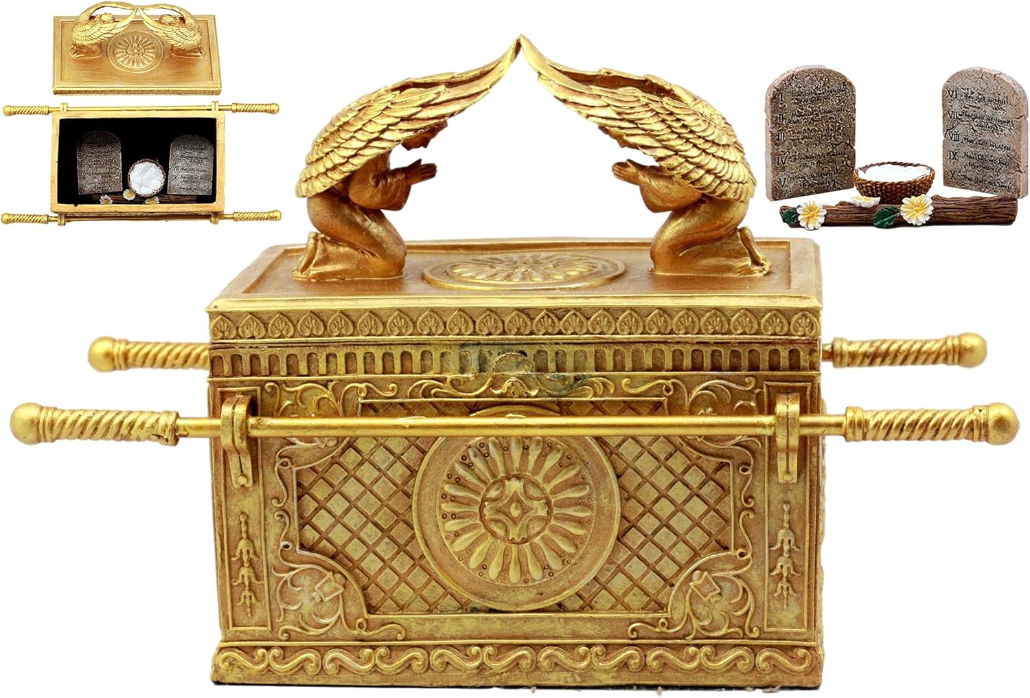 Ebros Matte Gold Holy Ark of The Covenant with Ten Commandments Rod of Aaron and Manna Religious Decorative Figurine Trinket Box Collectible Judaic Israel Historic Model Replica (1:8 Scale 9.5" Long)