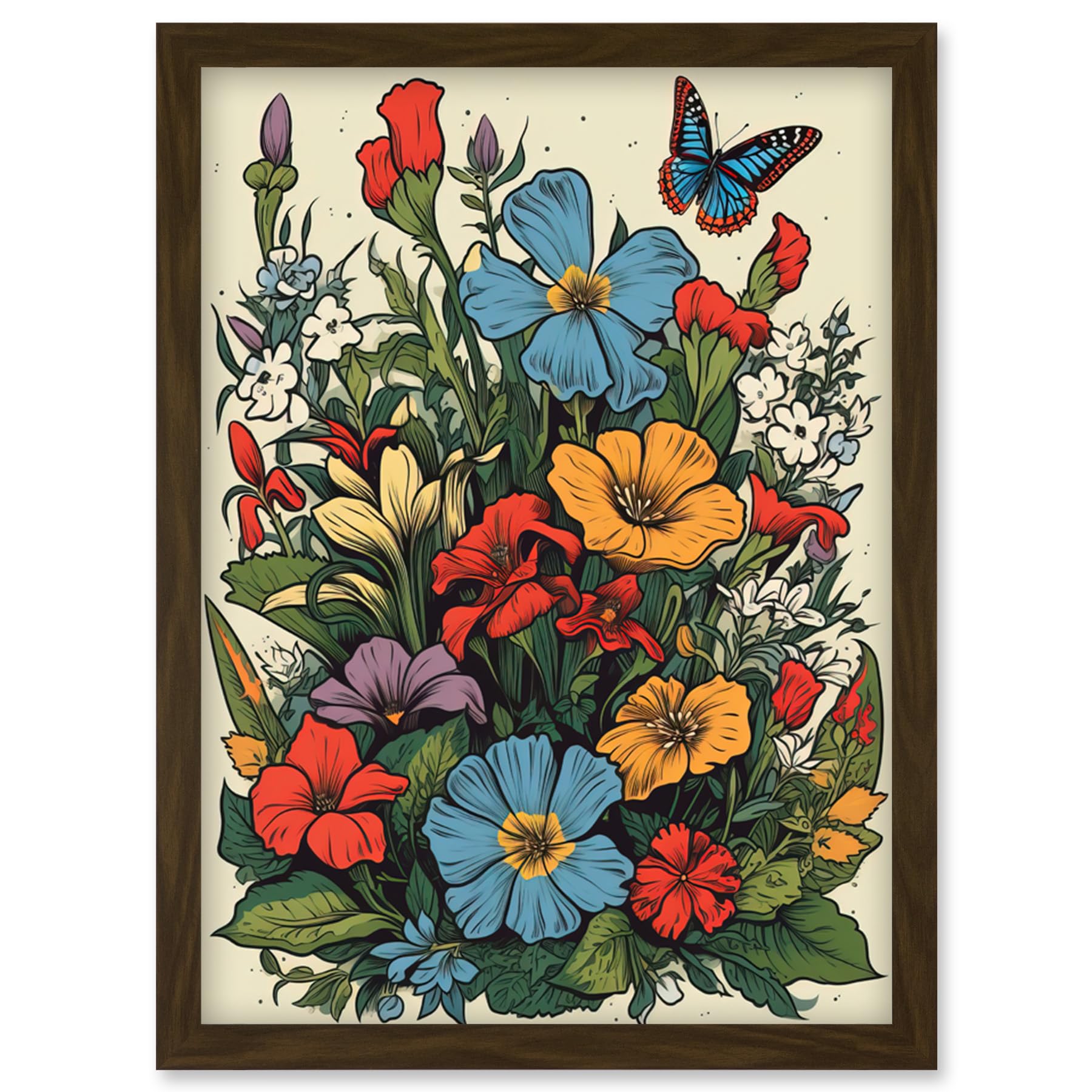 Artery8 Wildflower Meadow Colourful Tattoo Ink Body Art Rockabilly Americana 50s Artwork Framed Wall Art Print A4
