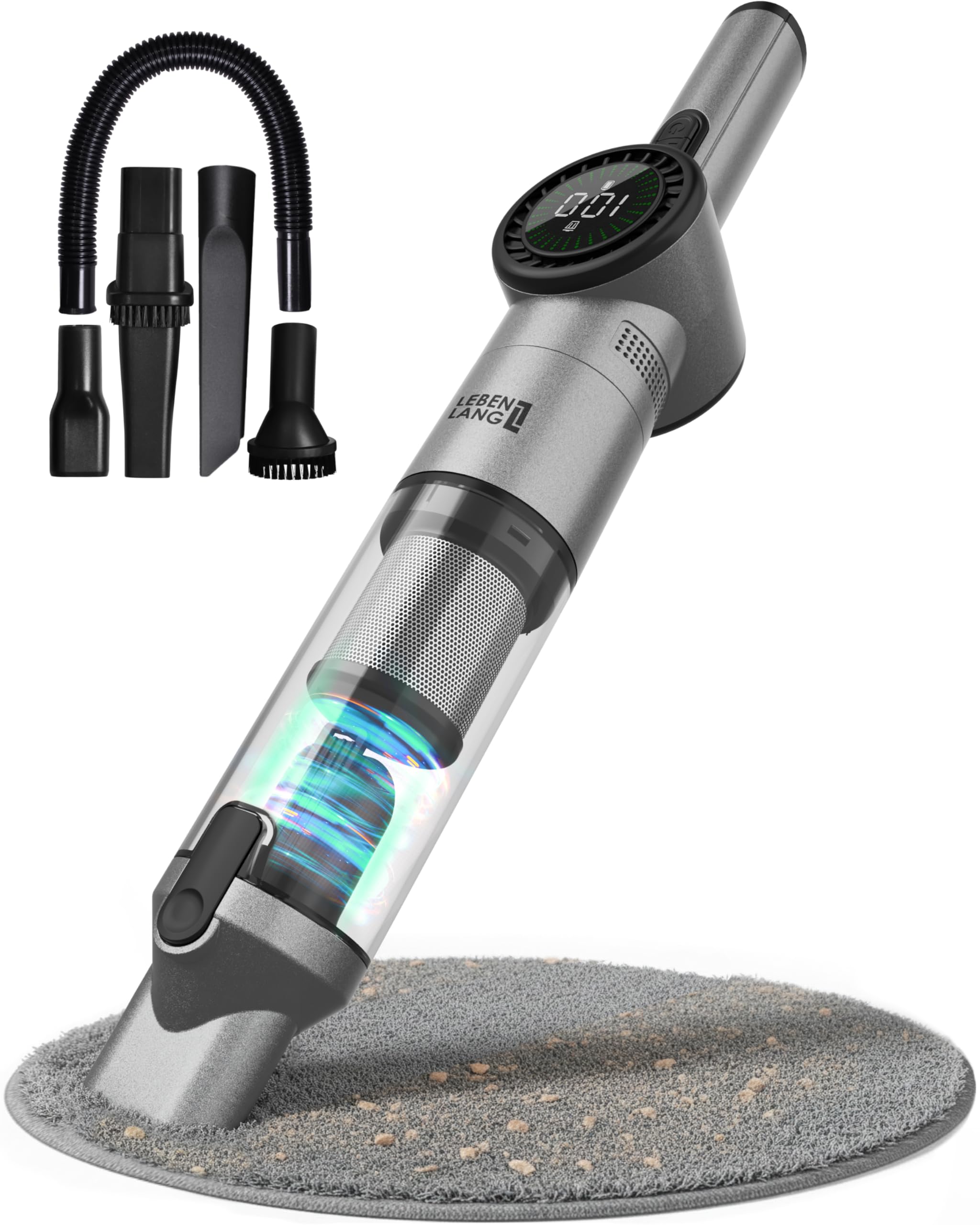 LEBENLANG Aspirabriciole Senza Fili Potente 17000PA - Incl. Supporto | Incl. Potente Batteria & Con Funzione Di Ricarica & HEPA Filtro I Aspirapolvere Auto Portatile Mini Aspira Briciole Elettrico