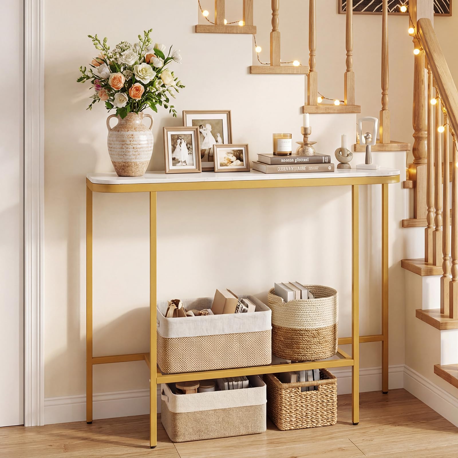 COSTWAY Console Table, Modern Faux Marble Slim Entryway Table Hall Desk, 110cm Long Metal Frame Narrow Behind Couch Side Accent Sofa Tables for Hallway, Foyer and Living Room (White+Gold)
