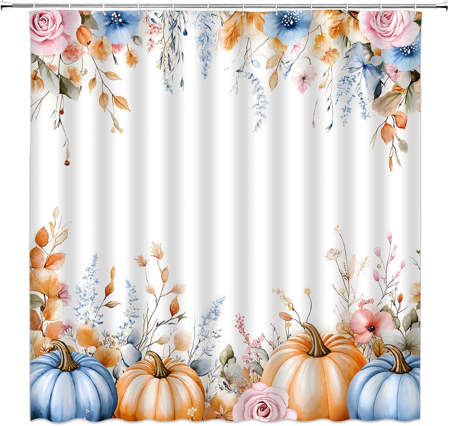 GCTNBJL Fall Pumpkin Shower Curtain Floral Leaf Thanksgiving Autumn Watercolor Orange Blue Extra Long Bathroom Home Curtain with Hooks,70x78 Inch