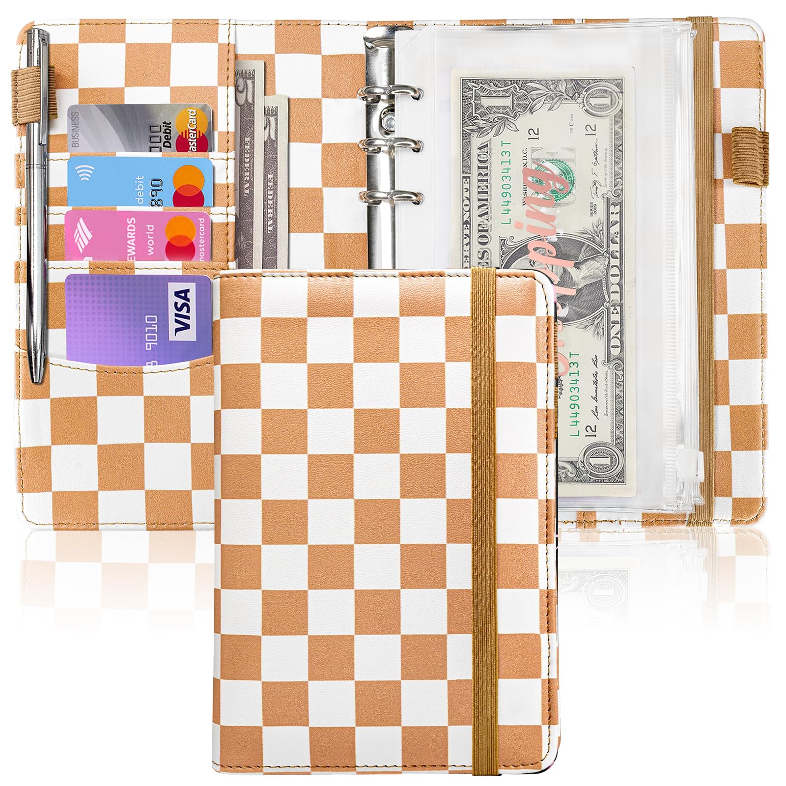 A6 Budget Binder for Money Saving, PU Leather Budget Planner with 8 Cash Envelopes, Budget Sheets &amp; Rose Gold Category Stickers, Money Organizer for Cash (Tan Checkered)