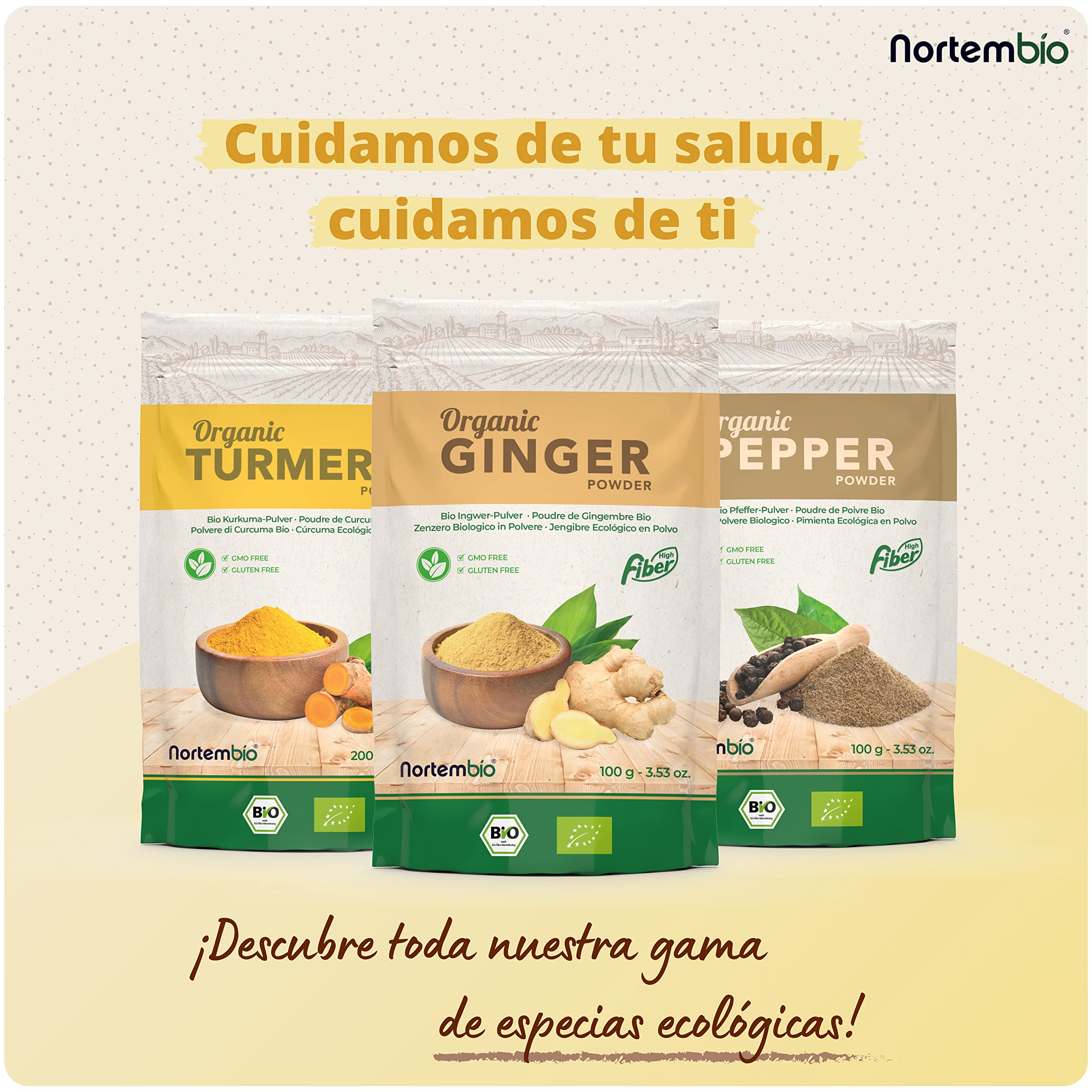 Nortembio Jengibre Ecológico en Polvo 100 g. Origen 100% Natural. Especial para Infusiones. Jengibre Seco Molido Sin Aditivos ni Conservantes, Vegano y Sin Gluten. E-Book con Recetas Incluido.