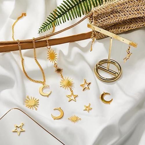 Miniatura 3 de Juego de 45 dijes de estrella para hacer joyas, eslabones de latón, kit de conectores pequeños de sol, estrella, luna, con 10 ganchos para aretes,