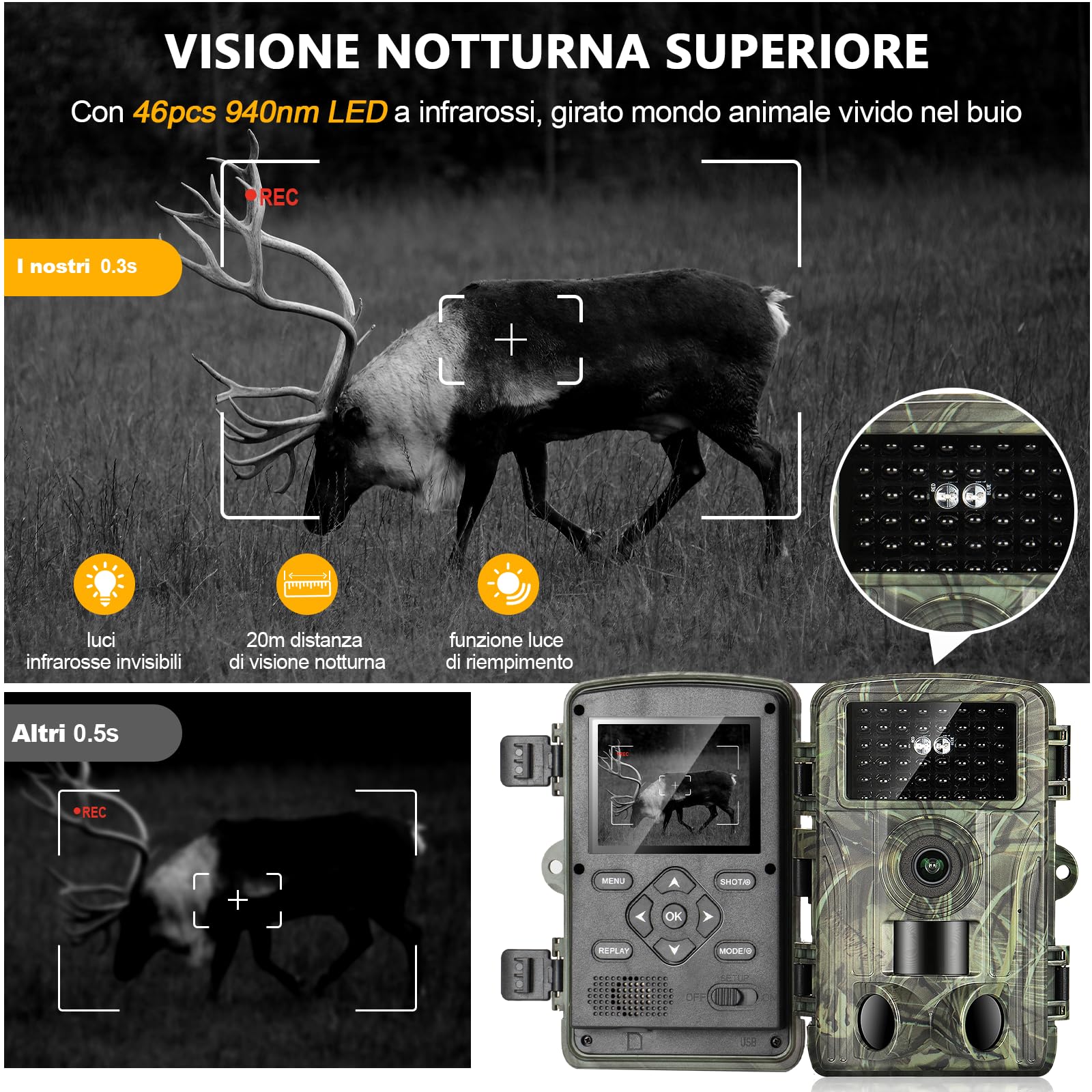 Fototrappola WiFi, 4K Fotocamera Caccia 60MP, 32GB Fototrappola Notturna con IR Visione 120 Fototrappole Infrarossi Invisibili Trappola di Sorveglianza con LCD 2.0" per Animali Movimento Attivato
