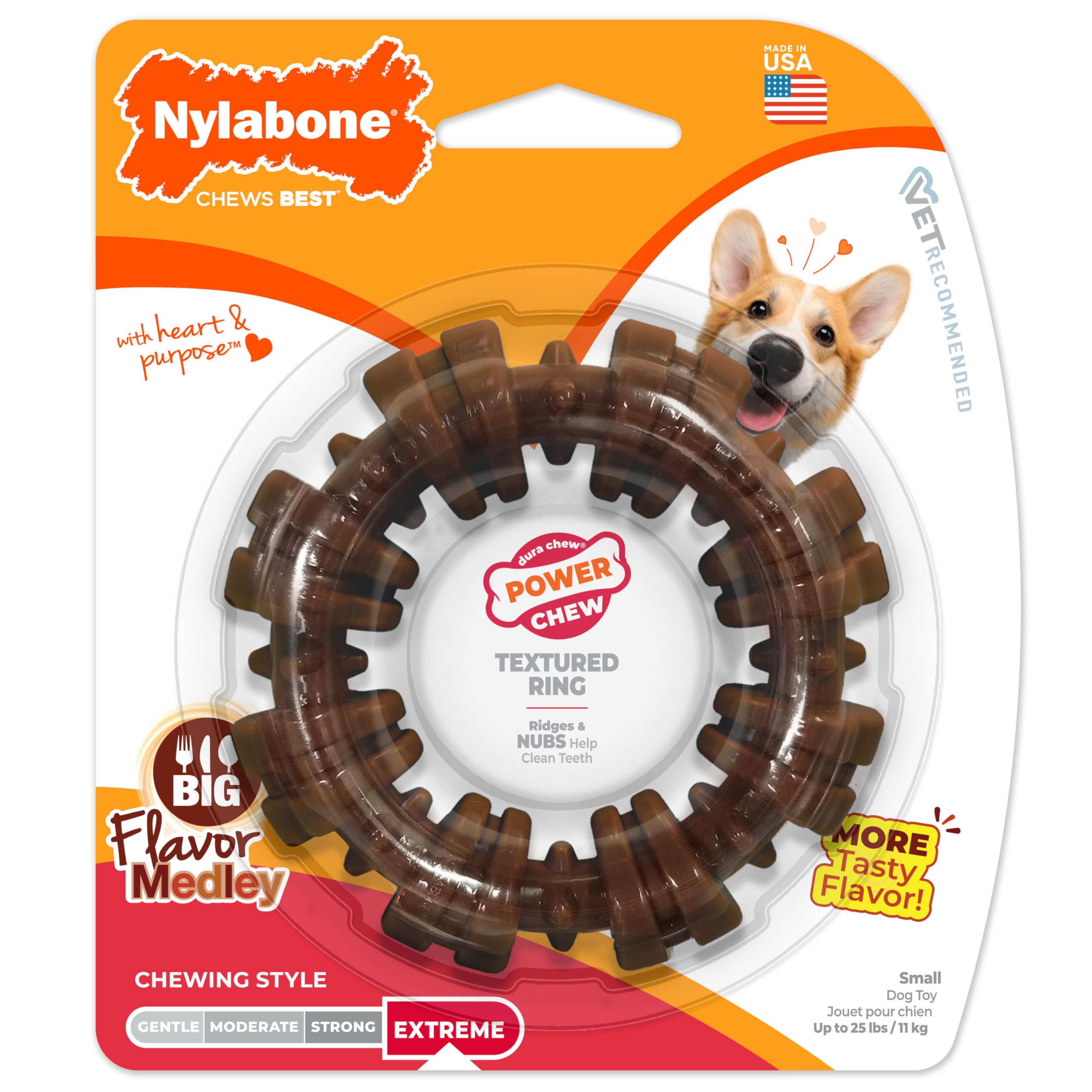 Nylabone Strukturiertes Ring-Power-Kauspielzeug für kleine Hunde, Robustes Hundespielzeug, langlebiges Design für Aggressive Kauer, bestes Hundespielzeug, Langeweile, Geschmacksmedley, klein – bis zu
