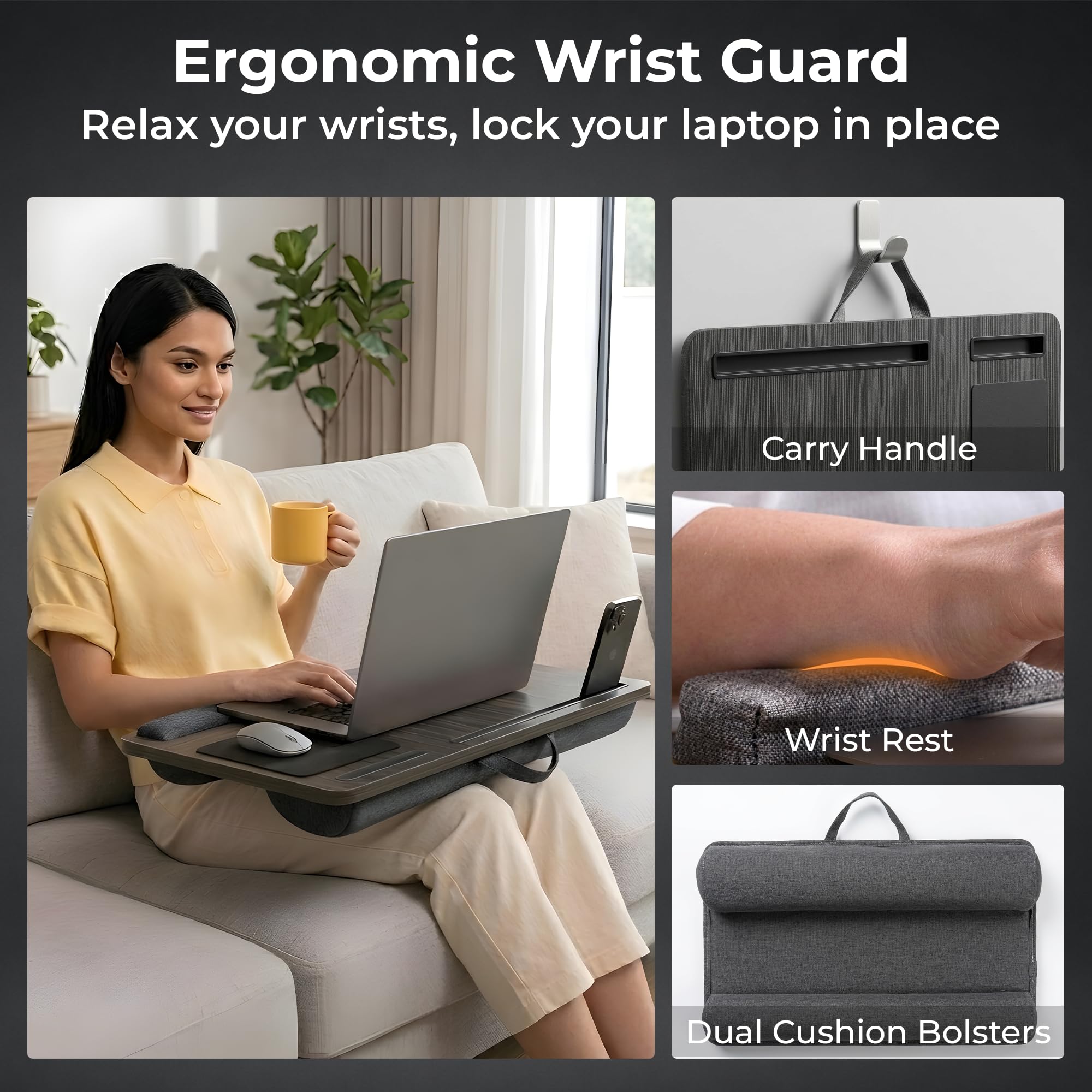 Artikel Lap Desk Pillow for Laptop - Fits Up to 17" Laptop Portable Bed Desk Tray Built-in Mouse pad& Wrist Support-Wooden Lapdesk for Work from Home & Study with Cushion (Black) 4