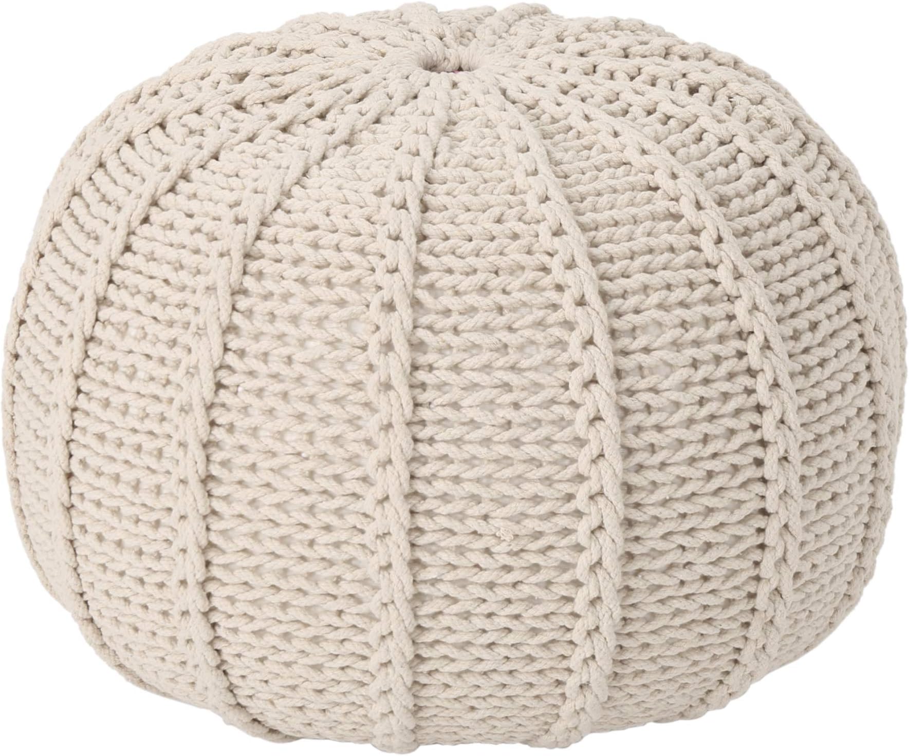 Christopher Knight Home Agatha Knitted Cotton Pouf, Beige Small