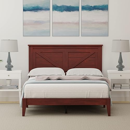 Glenwillow Home Cama de plataforma de madera maciza de granja en tamaño matrimonial, cereza clásica