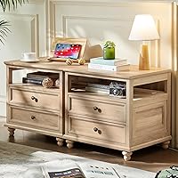 Vista 11 de Mesita de noche estilo granja con estación de carga, mesa auxiliar de 61 cm de ancho con 2 cajones, cómoda marrón para dormitorio, cómoda de cajones