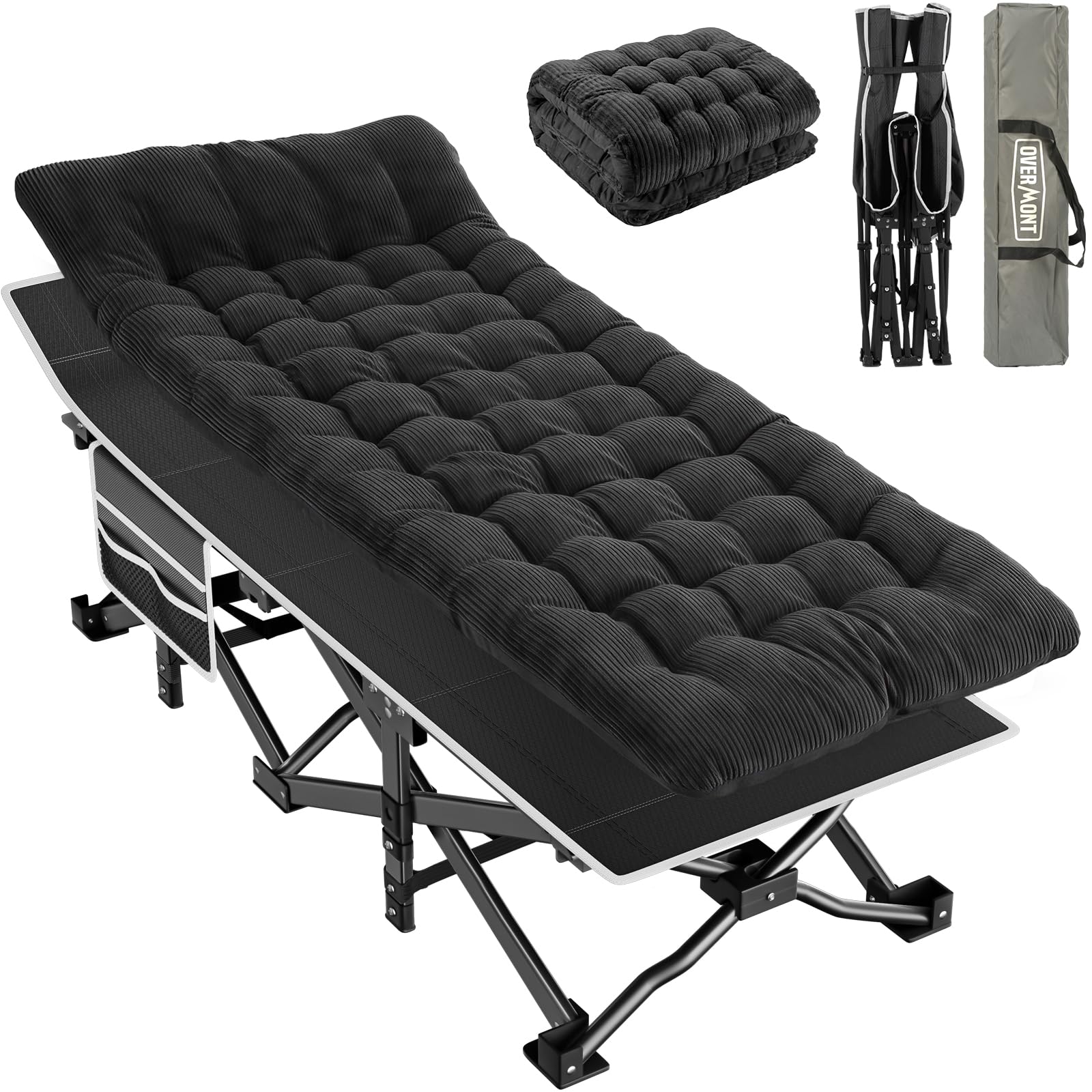 OVERMONT Lettino da Campeggio Brandina Pieghevole - Letto Pieghevole Portatile Singolo con Materasso - XL Caricabile Fino 250 kg - con Tasca Laterale per Esterni Viaggi Spiaggia Giardino Ufficio