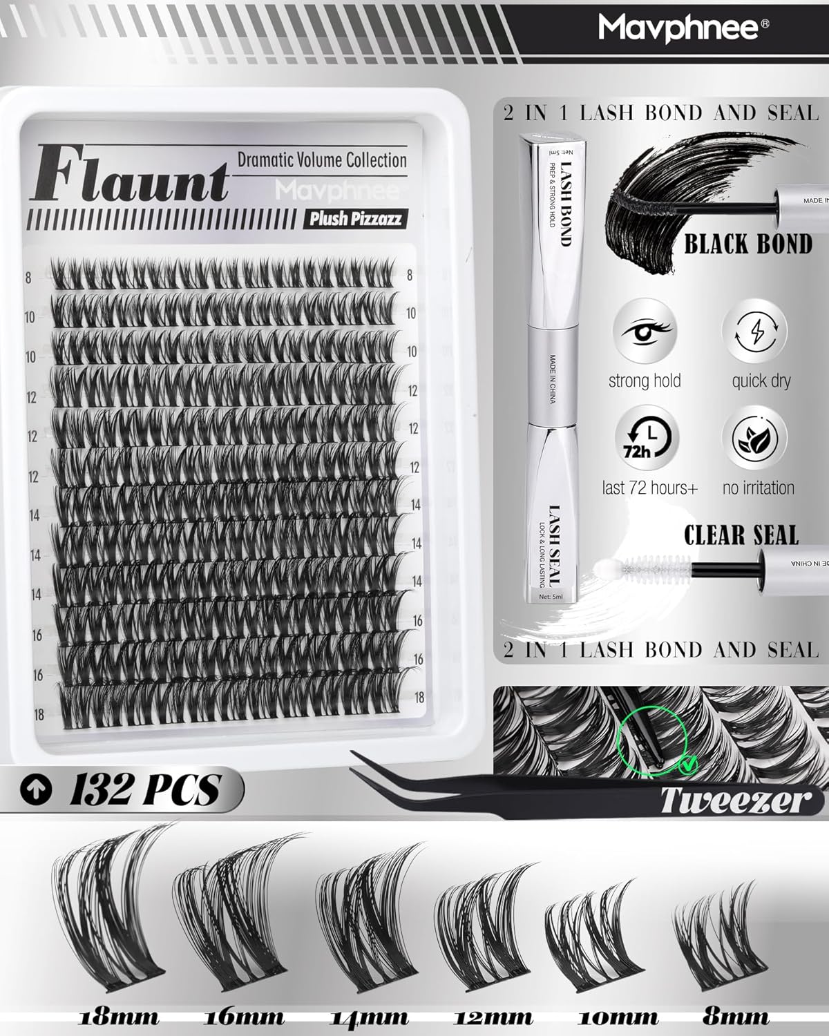 Flaunt Lash Clusters Kit Wispy Cluster Eyelash Extensions Kit CD-Curly Natural Individual Lashes DIY Lash Extension Kit 132Pcs Flora Cluster Lashes with Bond and Seal and Tweezers by Mavphnee (8-18MM)