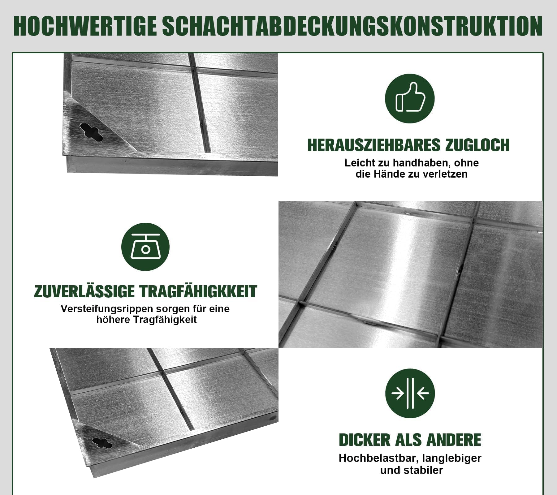 Schachtabdeckung Edelstahl V2A Außenmaß 600 x 600 x 60 mm Schachtdeckel mit Rahmen Auspflasterbar Befliesbar Kanaldeckel für Innen-/Außenbereich Flächenbündig Robust Rostfrei EN 124 A15