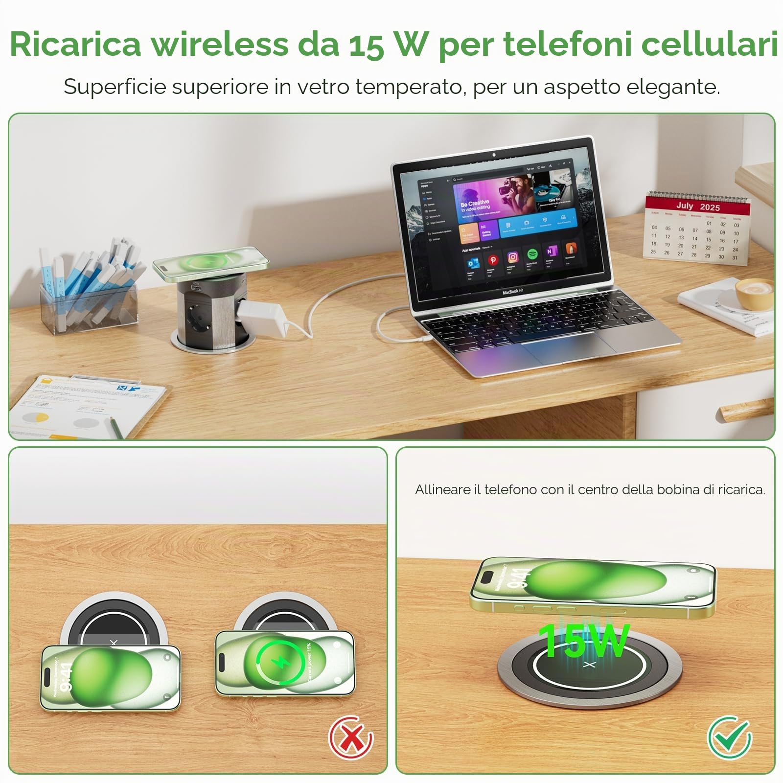 Presa a scomparsa con USB C PD 75W, presa da incasso con caricabatterie wireless da 15W, presa da tavolo a 4 prese a scomparsa per piano di lavoro in cucina, cavo da 1,8 m, Nero