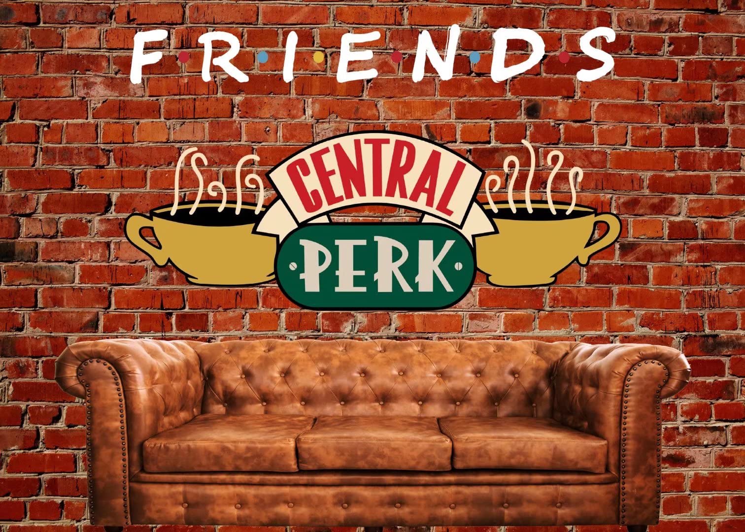 BELECO Friends Theme Backdrop 6x4ft Fabric Central Perk Pub Sofa Coffee Shop Red Brick Wall Background 80s 90s Friends Birthday Party Decoration Portraits Photoshoot Video TV Show Photo Booth Props