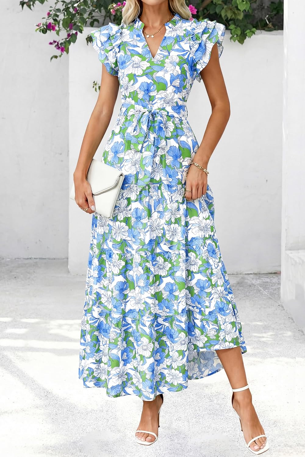 dowerme Women Summer Maxi Dresses 2026 Ruffle Sleeve V Neck Floral Boho Long Dress Belted Tiered Sundress with Pockets